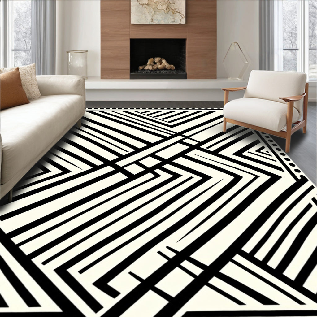 Bold Black White Diagonal Geometric Rug