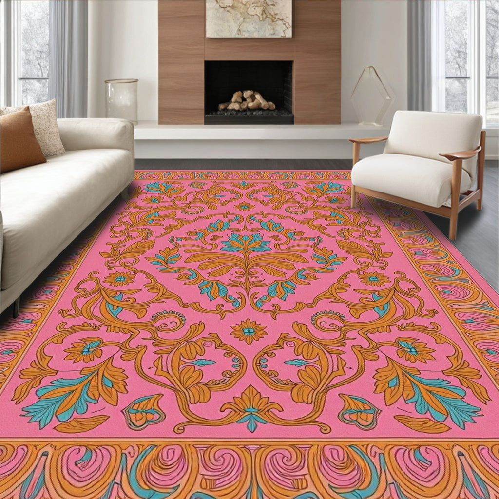 Pink Floral Swirls Damask Rug