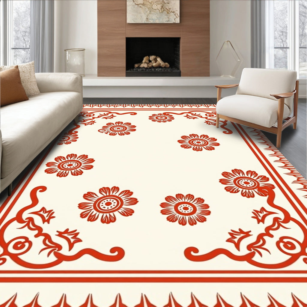 Red Floral Vine Scroll Design Rug