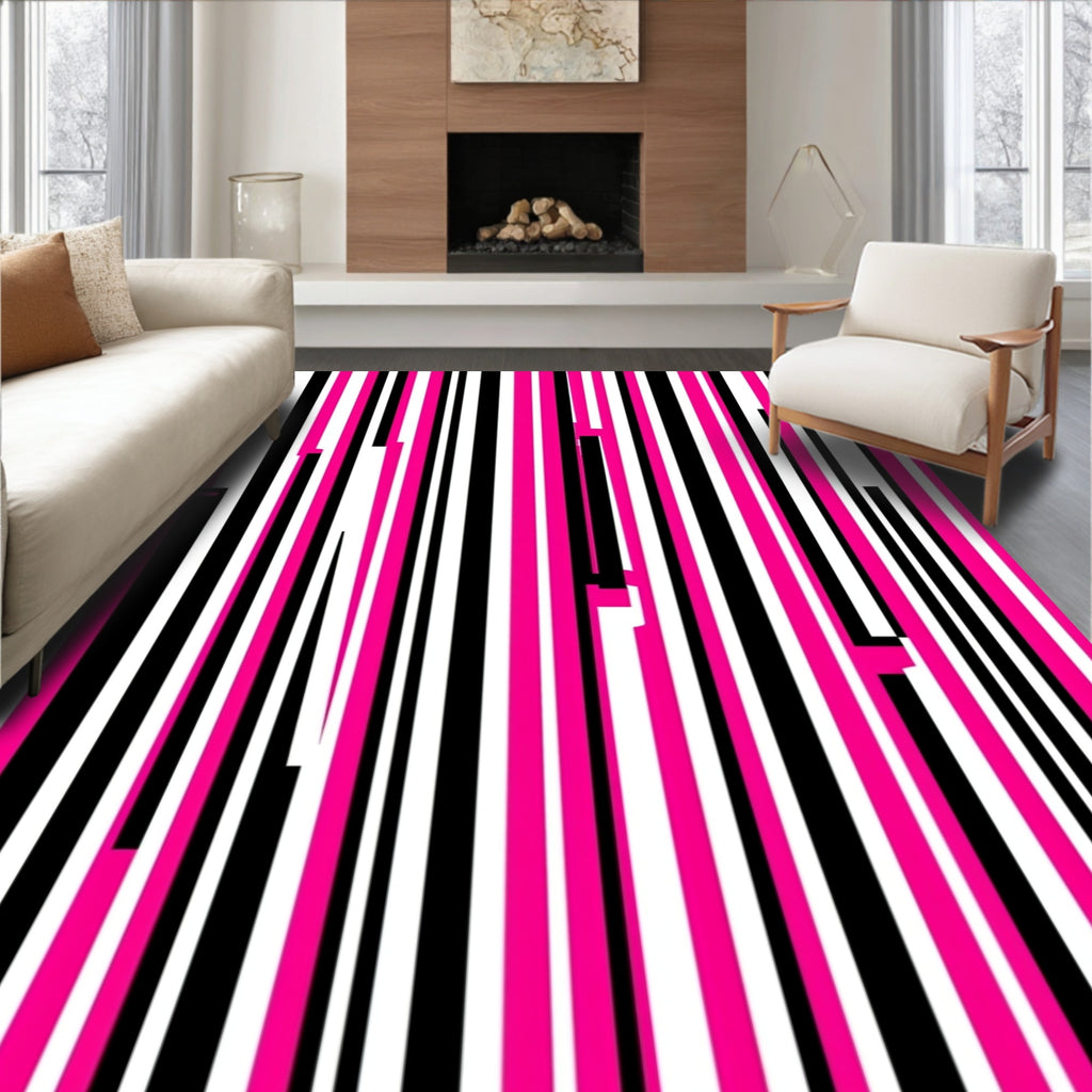 Dynamic Pink Black White Stripes Rug