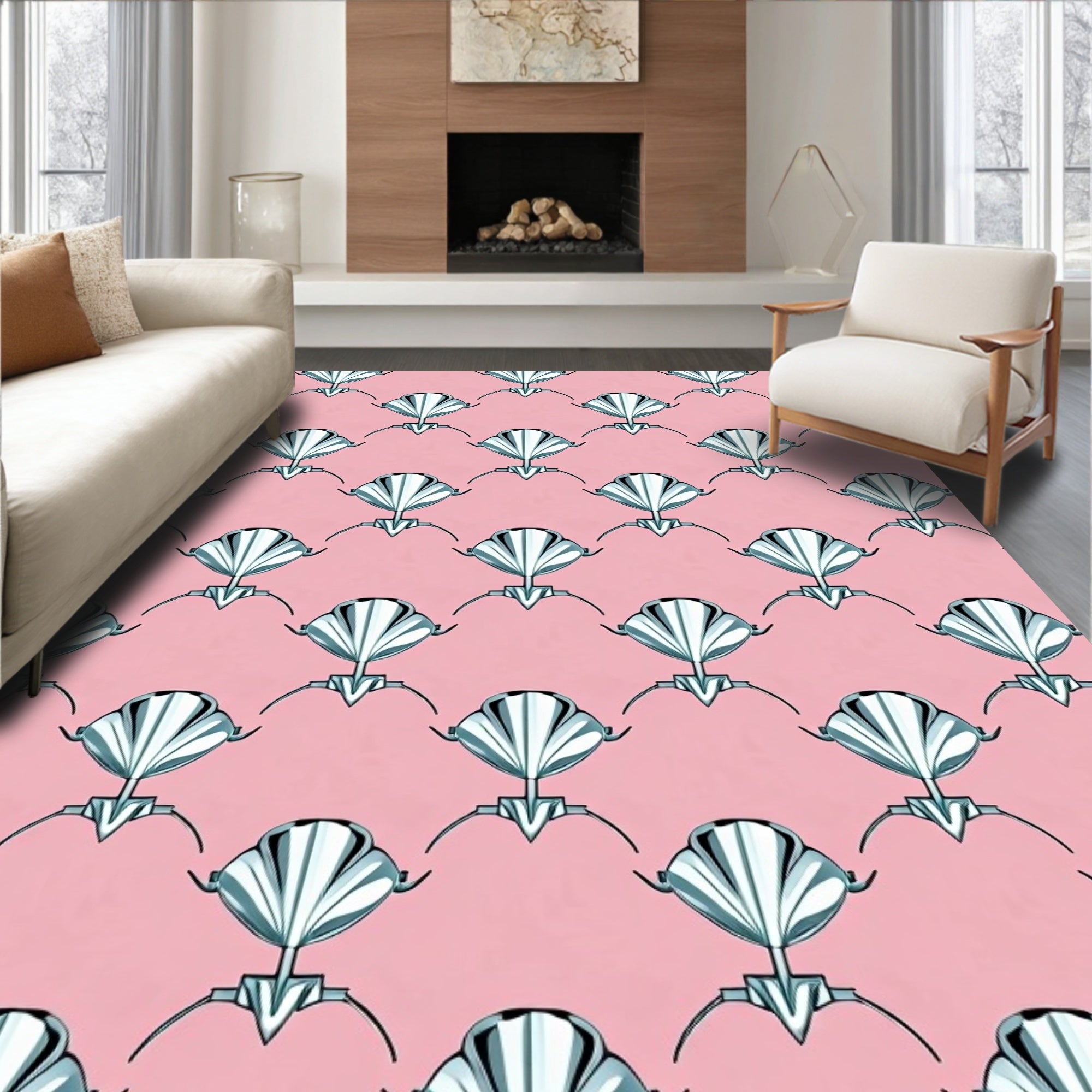 Art Deco Fan Patterned Pink Rug