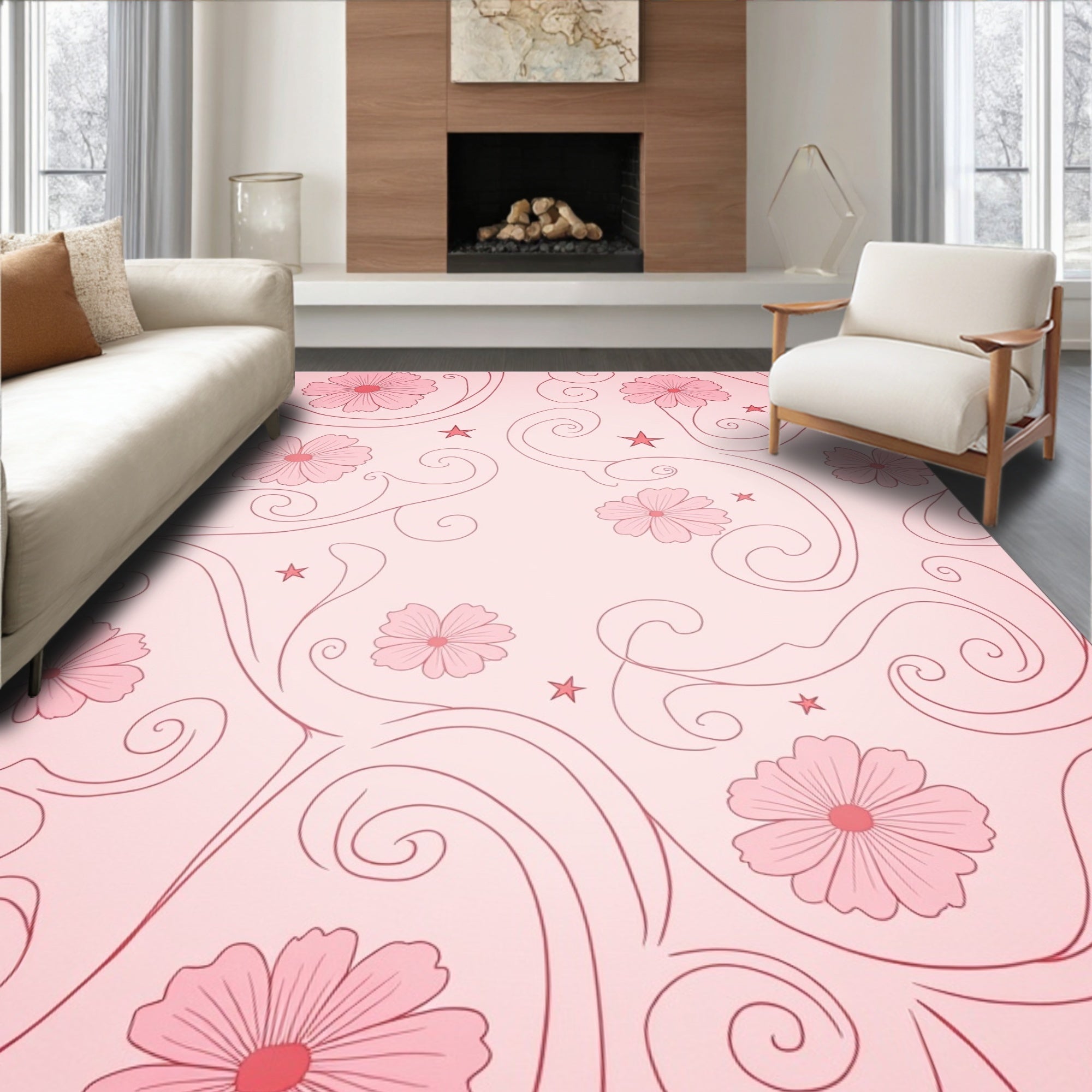 Charming Pink Floral Swirls Design Rug