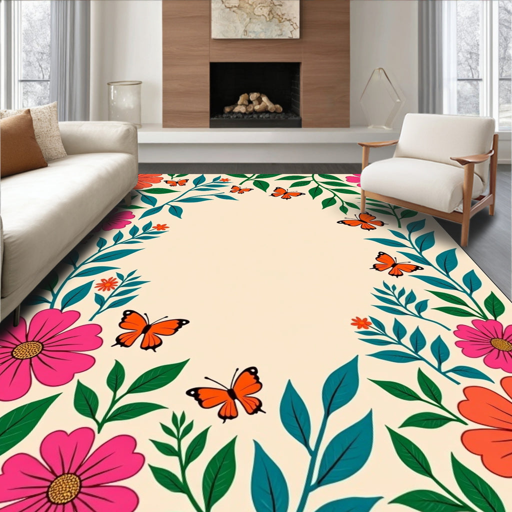 Vibrant Floral Butterfly Pattern Design Rug