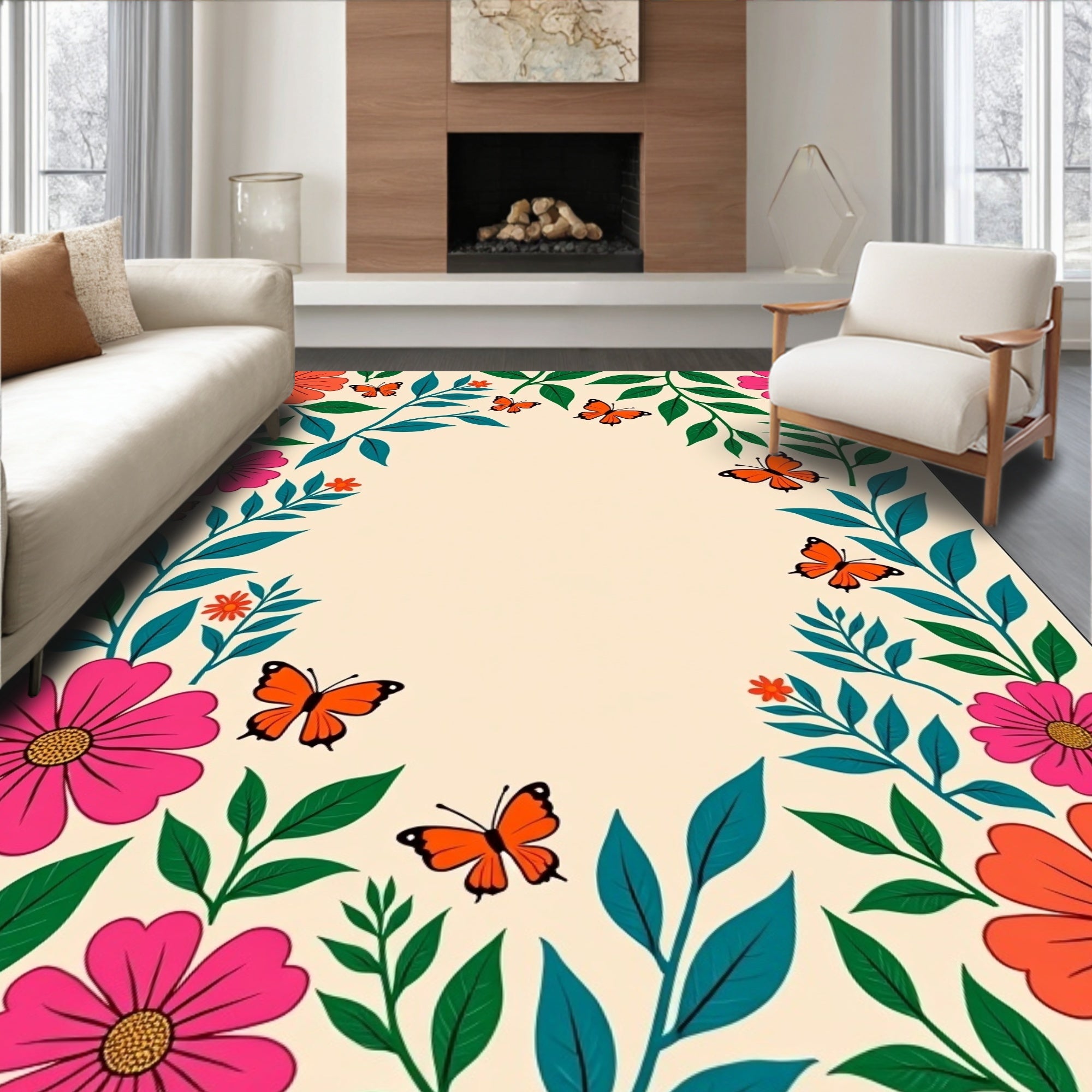 Vibrant Floral Butterfly Pattern Design Rug