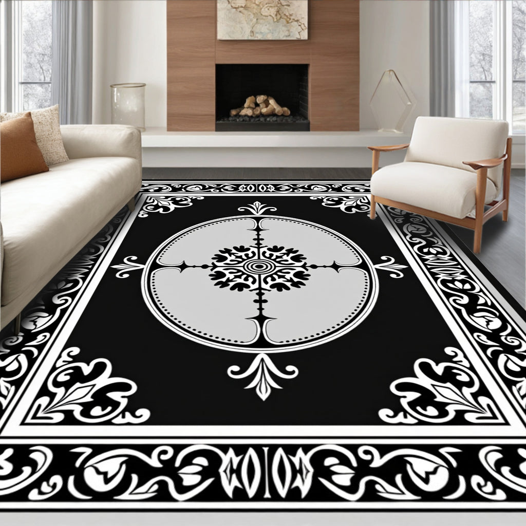 Elegant Black White Floral Medallion Rug