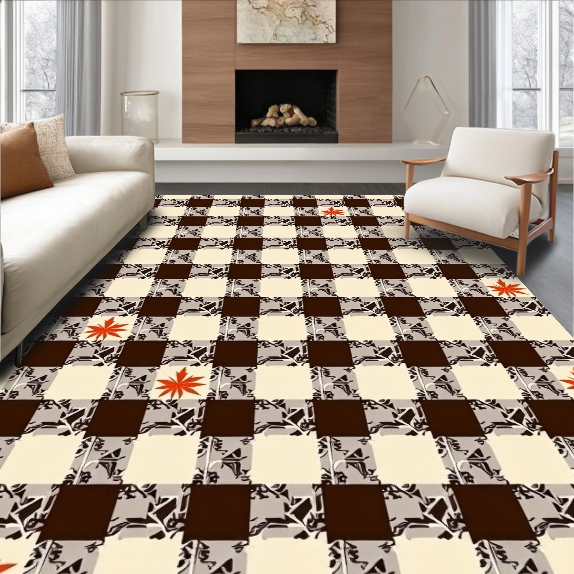 Checkerboard Design With Floral Accents Rug