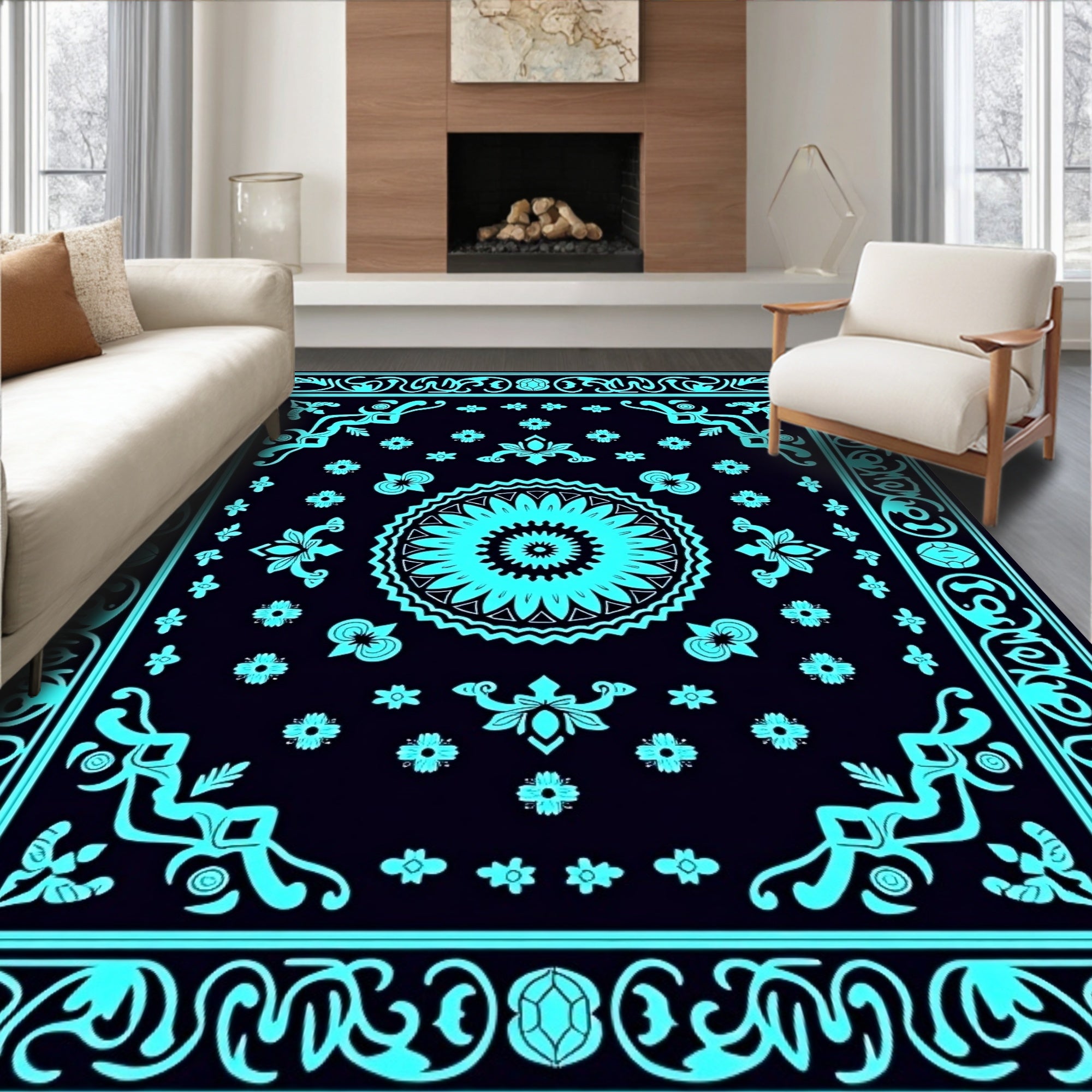 Cyan Floral Mandala Border Rug
