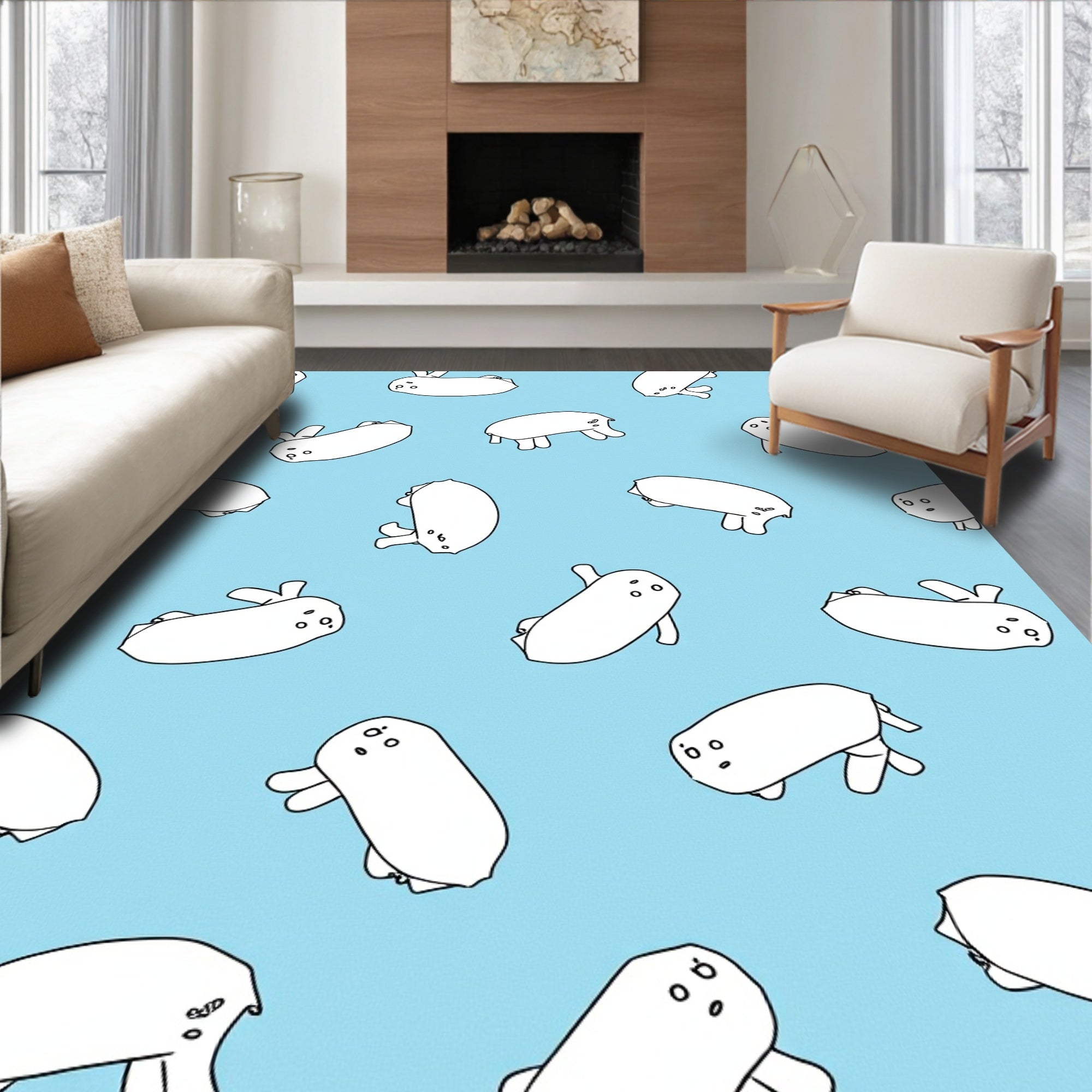 Cute White Animal Pattern Blue Background Rug