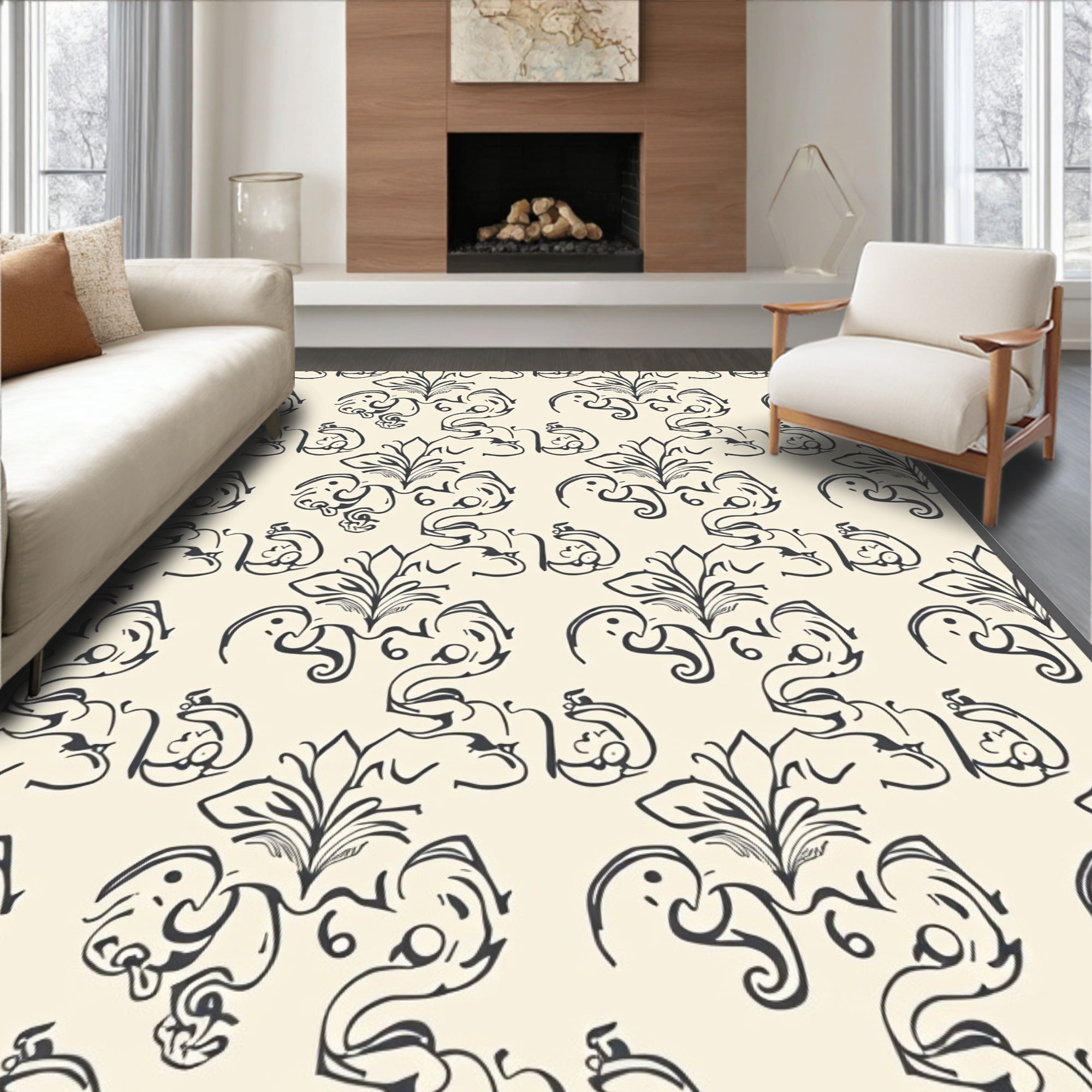 Classic Floral Elephant Motif Design Rug