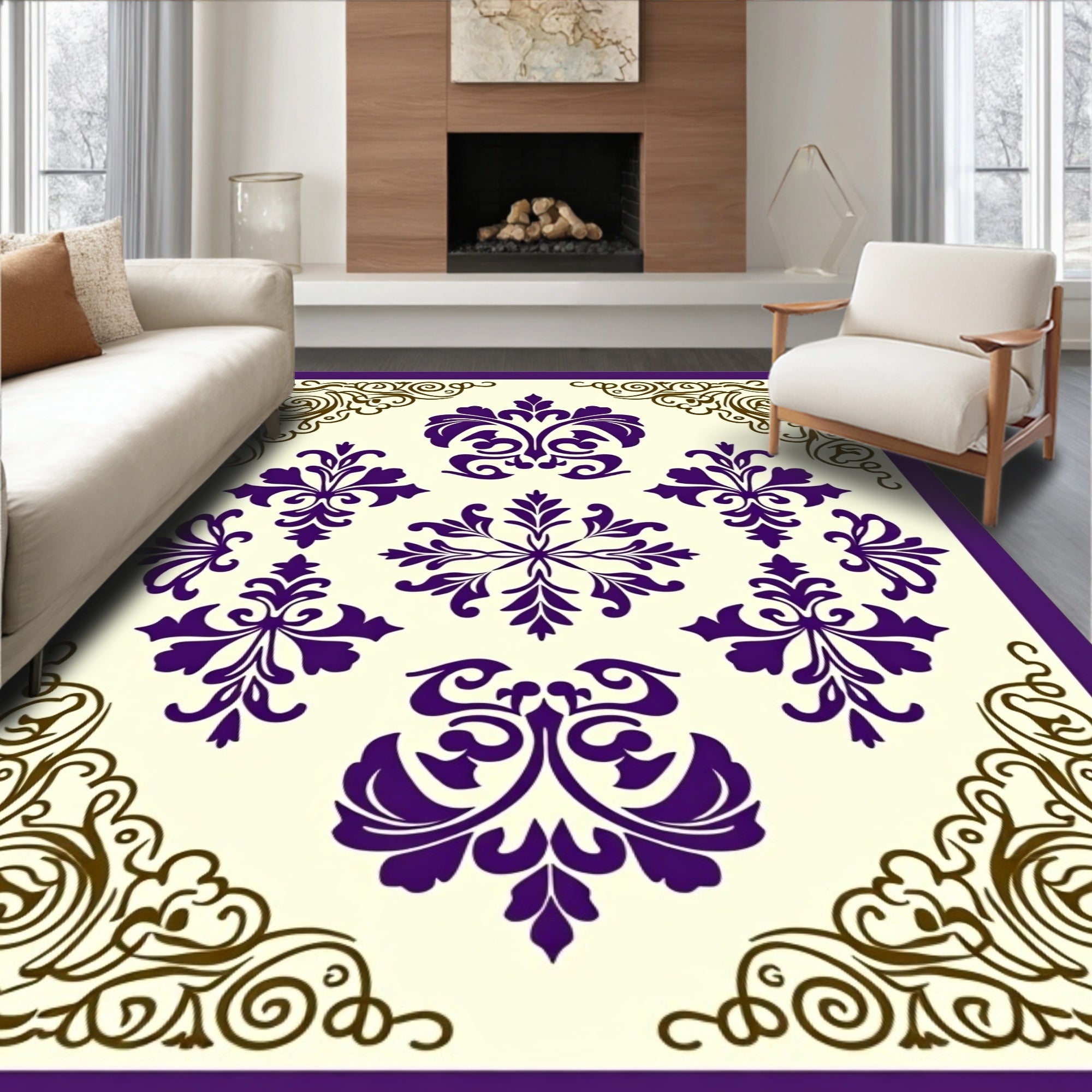 Purple and Gold Ornate Damask Rug