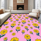 Yellow Daisy Patterned Pink Background Rug