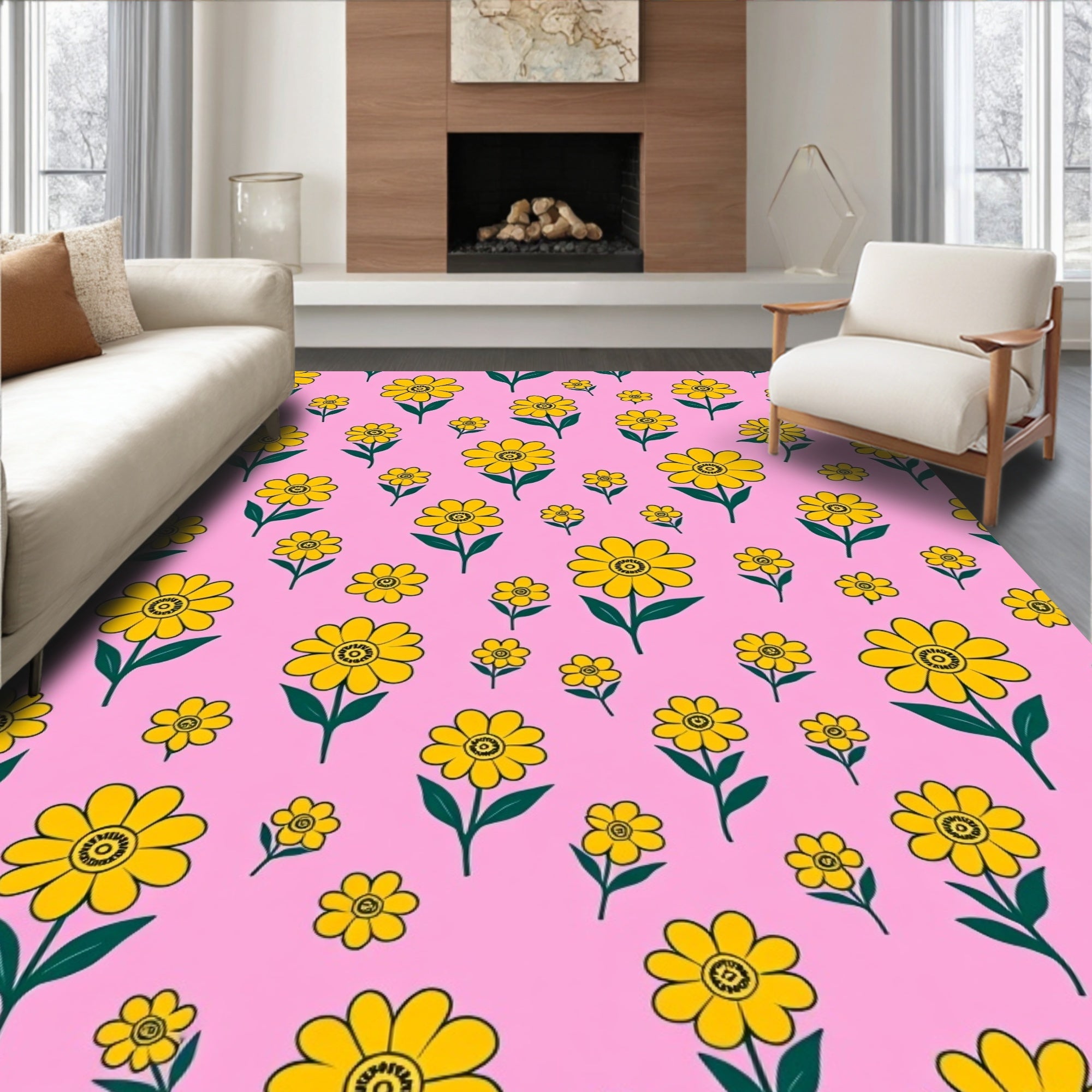 Yellow Daisy Patterned Pink Background Rug
