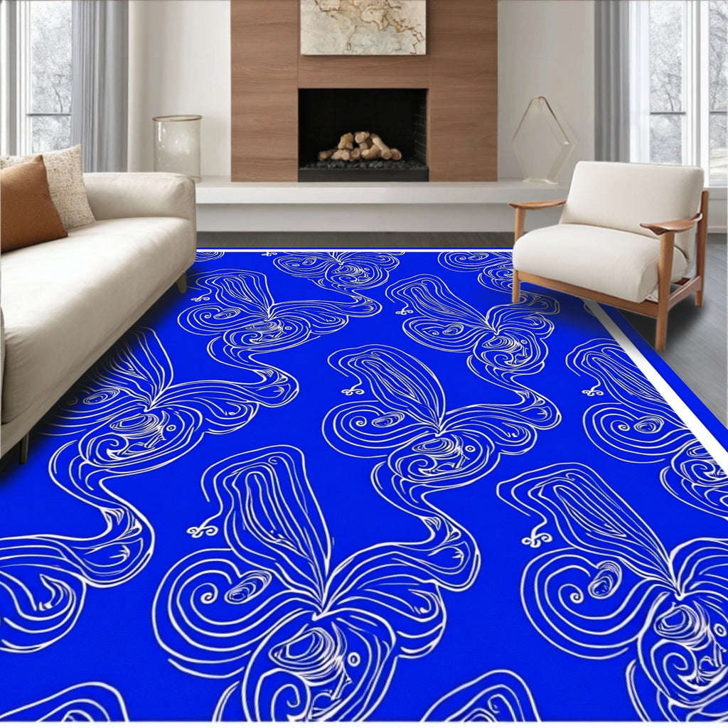 Abstract Blue Swirls Line Art Rug