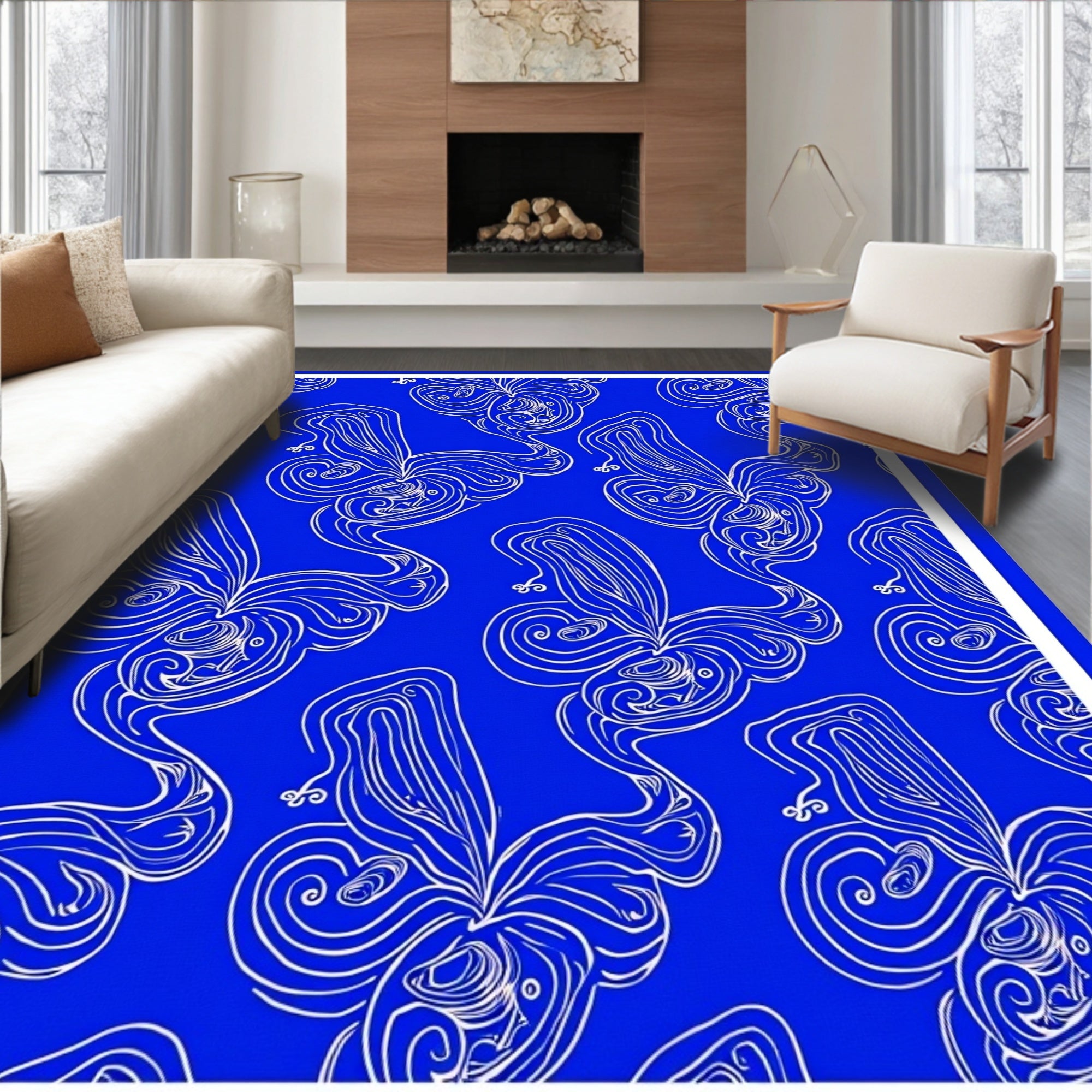 Abstract Blue Swirls Line Art Rug