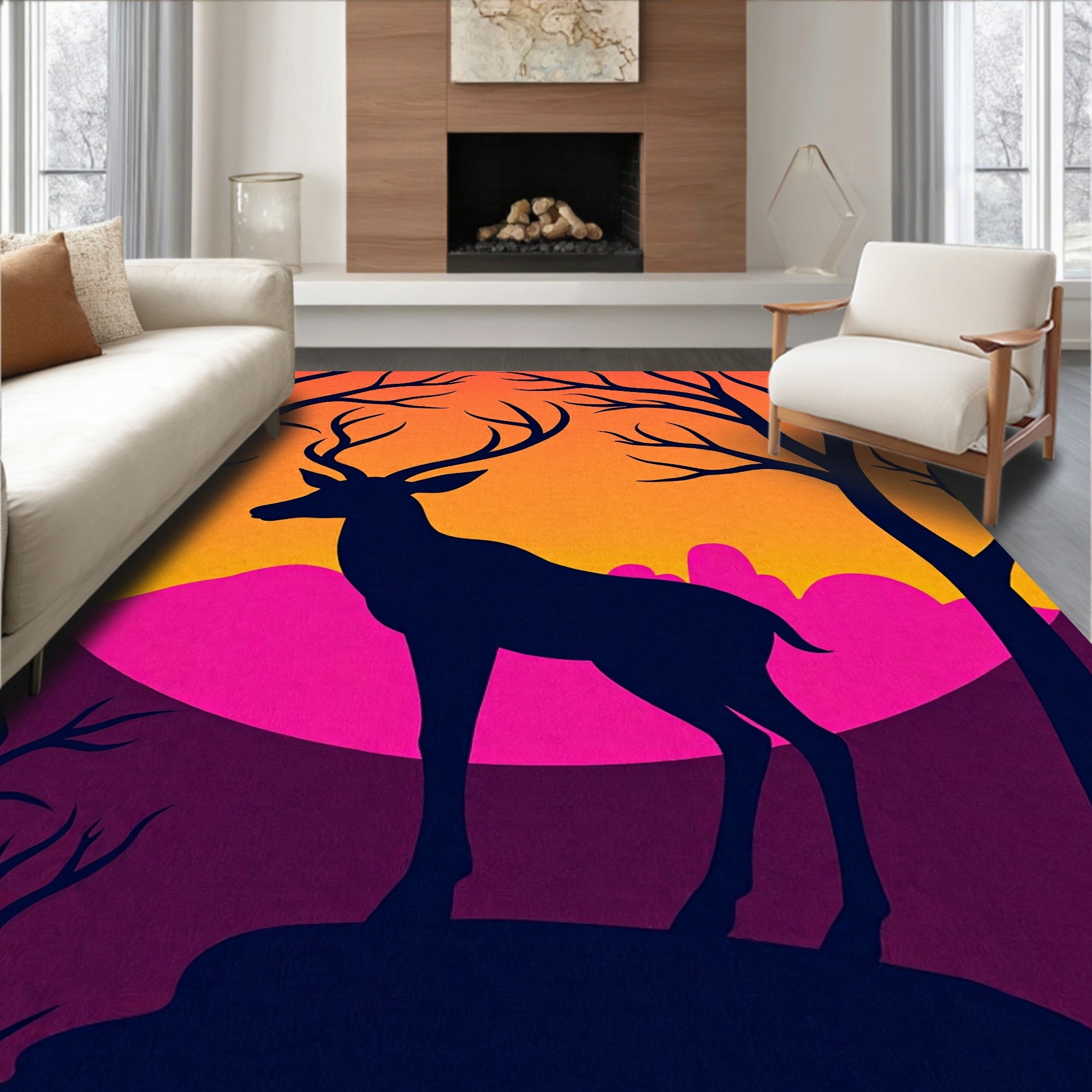 Bold Deer Silhouette With Vibrant Sunset Rug