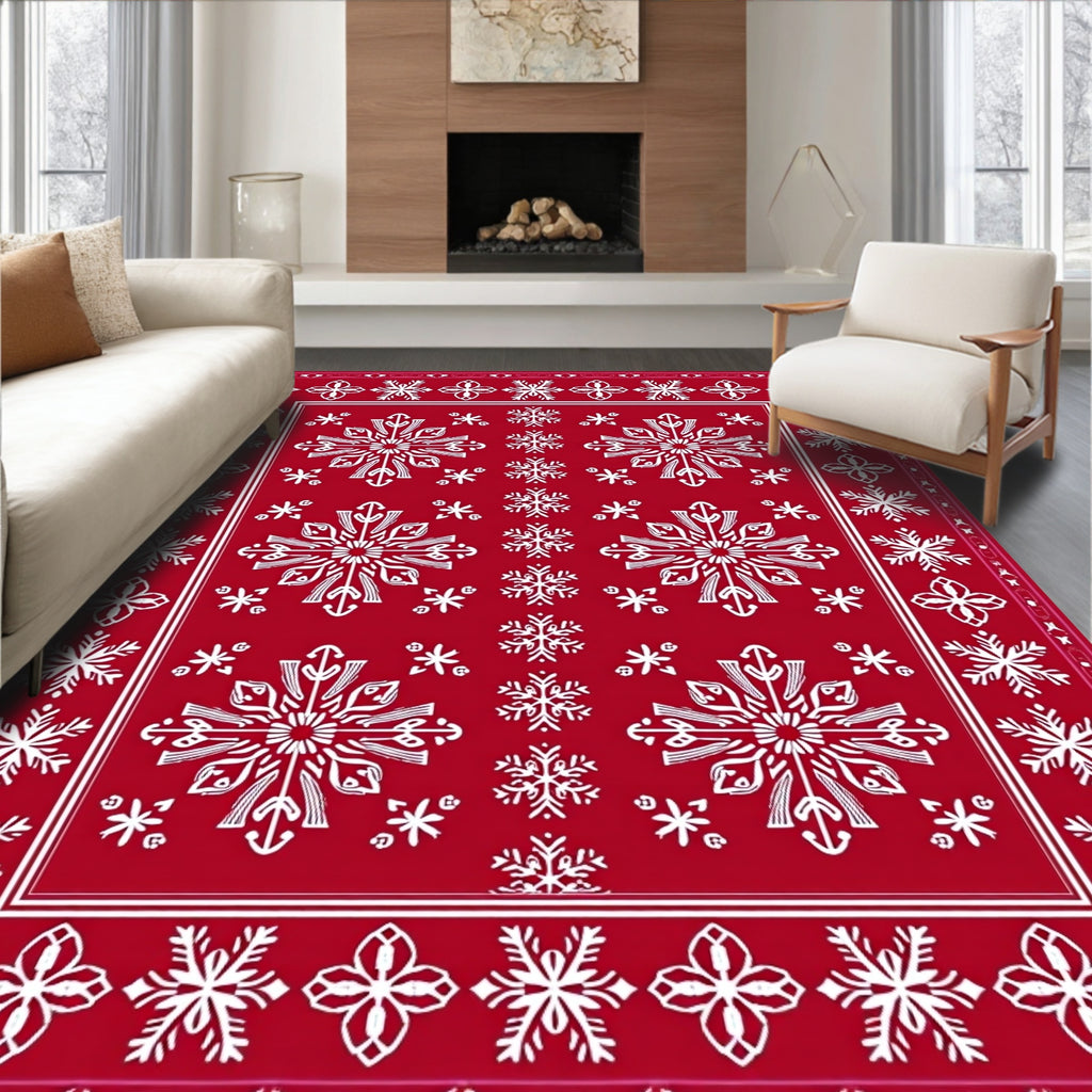 Red White Snowflake Pattern Rug