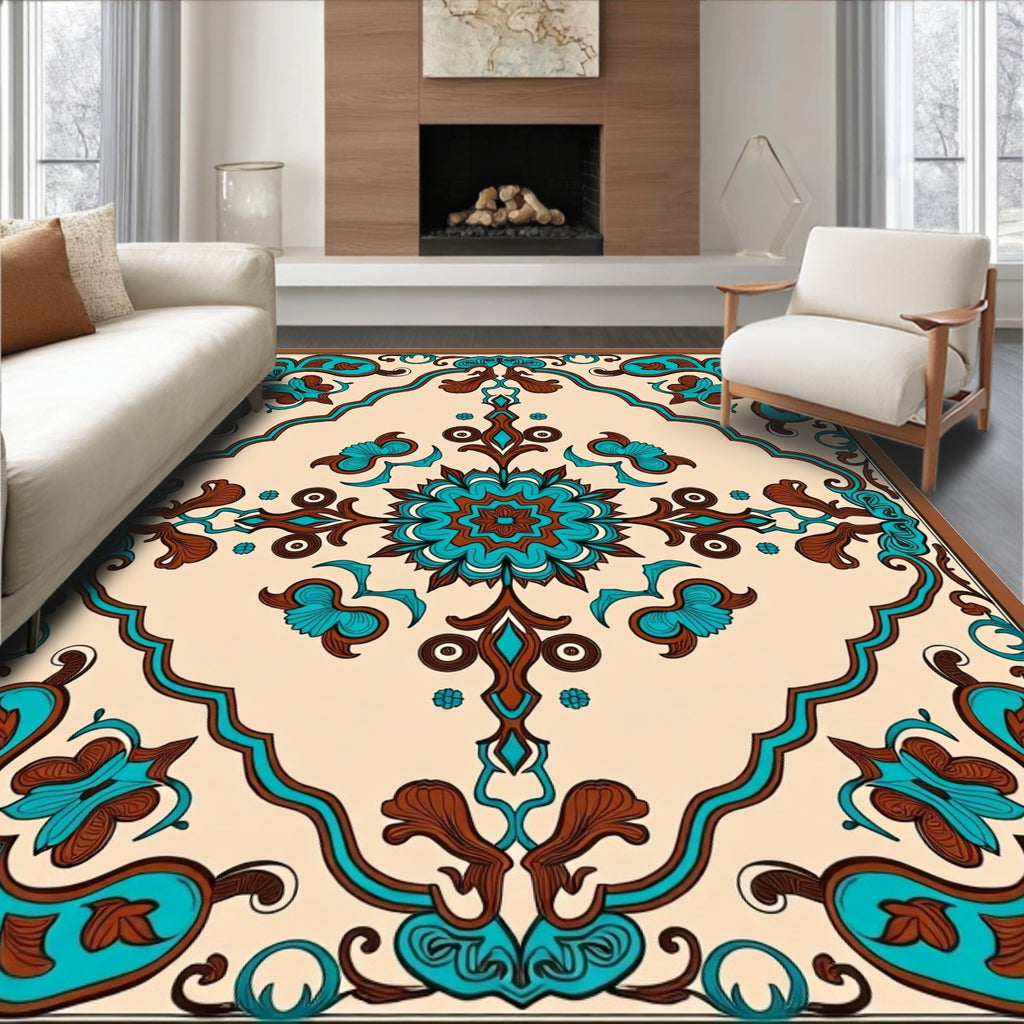 Turquoise Brown Floral Medallion Pattern Rug
