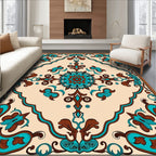 Turquoise Brown Floral Medallion Pattern Rug