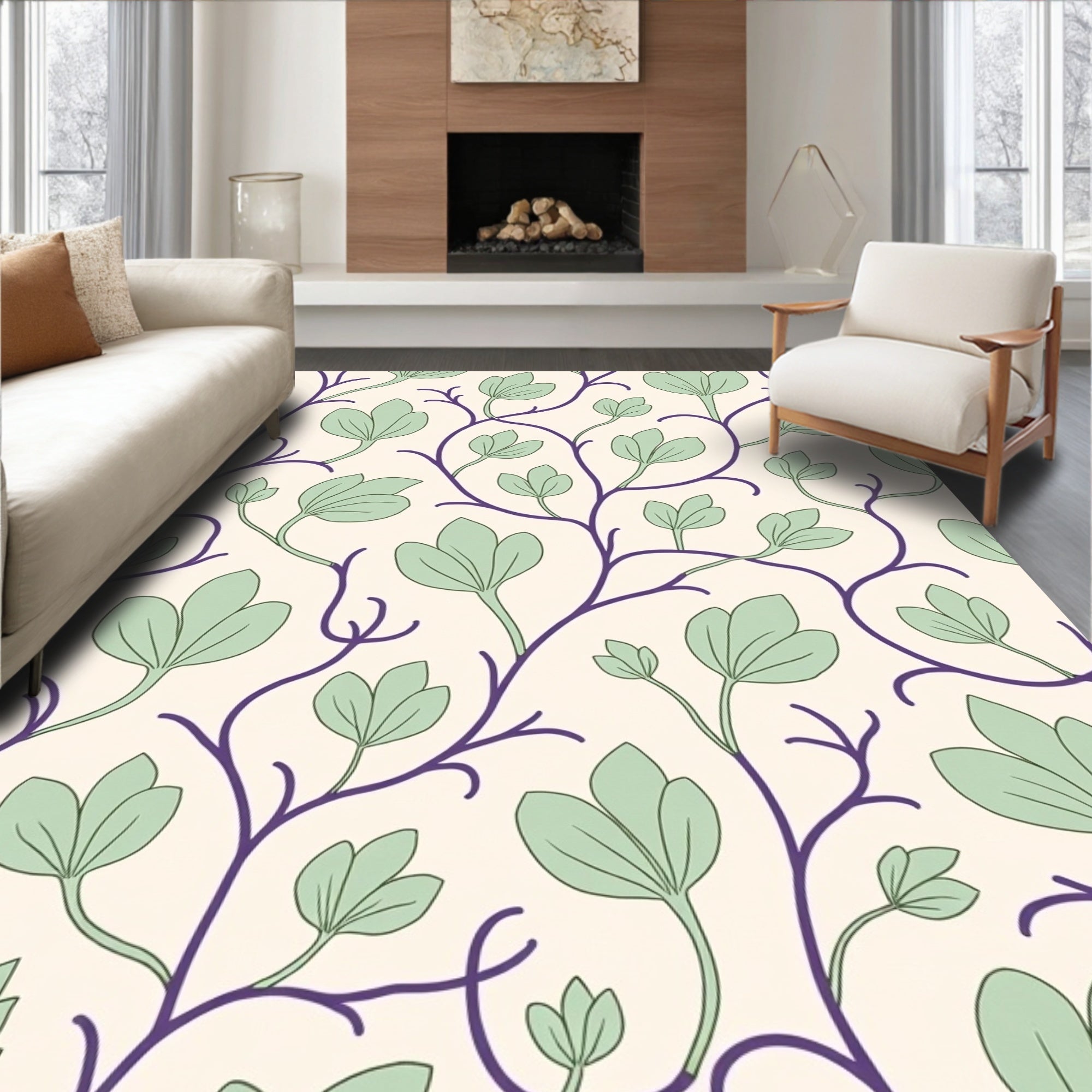 Elegant Purple Vine Floral Pattern Rug