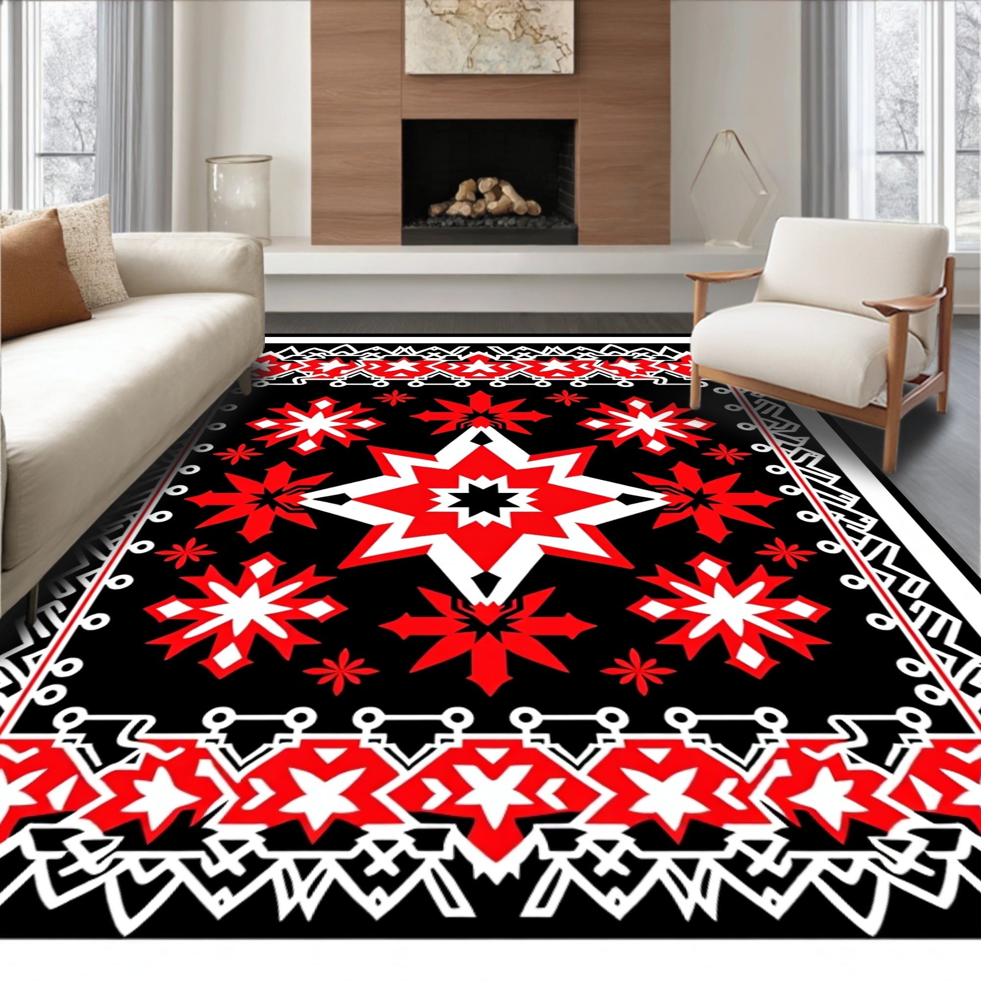 Bold Red White Star Pattern Rug