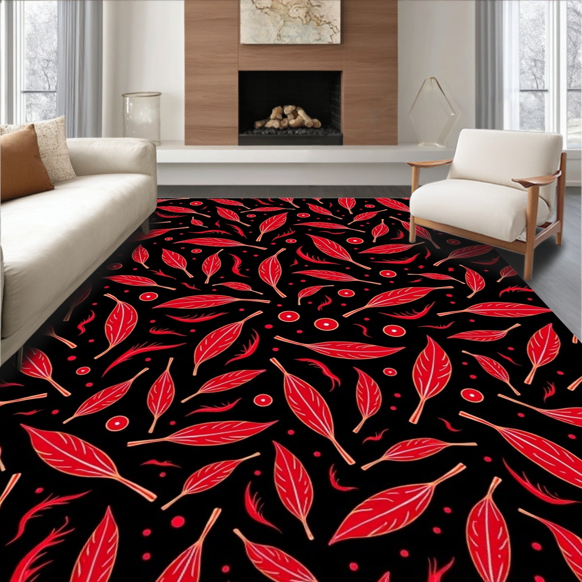 Crimson Leaf Pattern Chic Art Rug