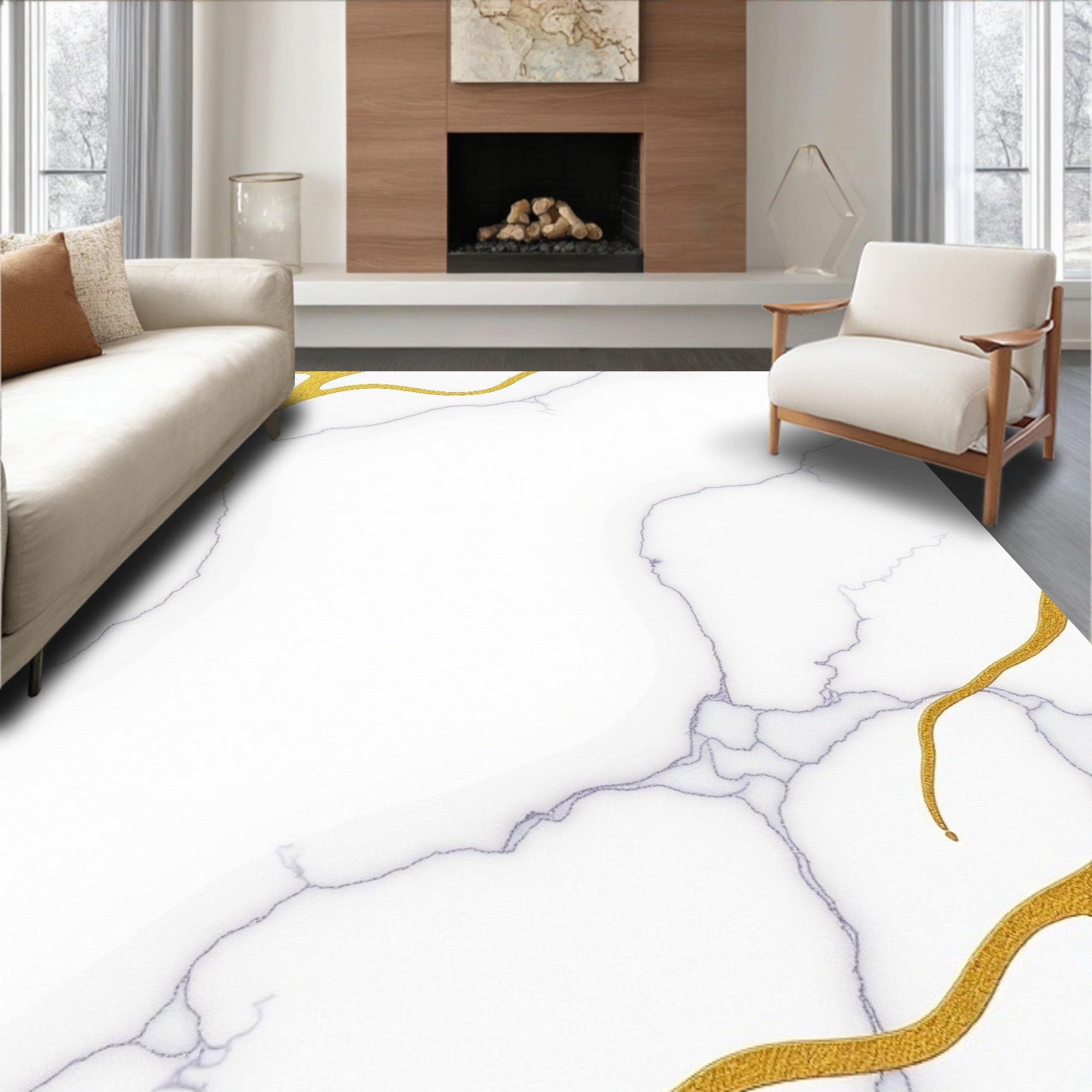 Elegant White Gold Veined Texture Rug