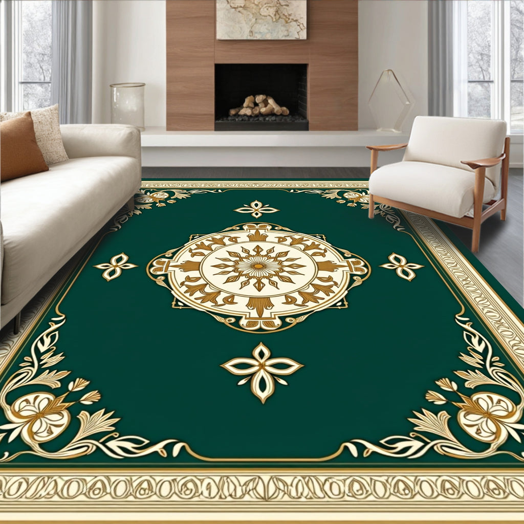 Elegant Gold Floral Medallion Border Rug