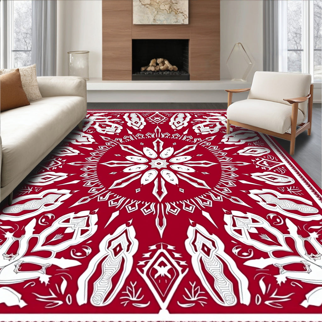 Bold Red White Mandala Pattern Rug