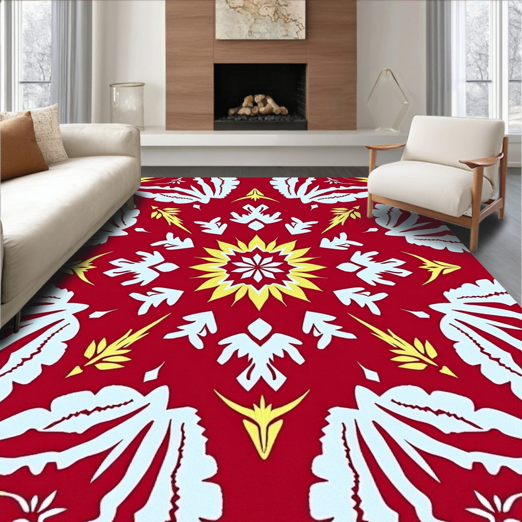 Bold Red Floral Sunburst Pattern Rug