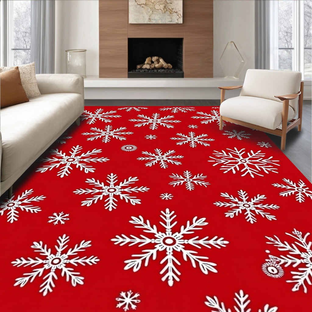 Red White Snowflake Pattern Rug