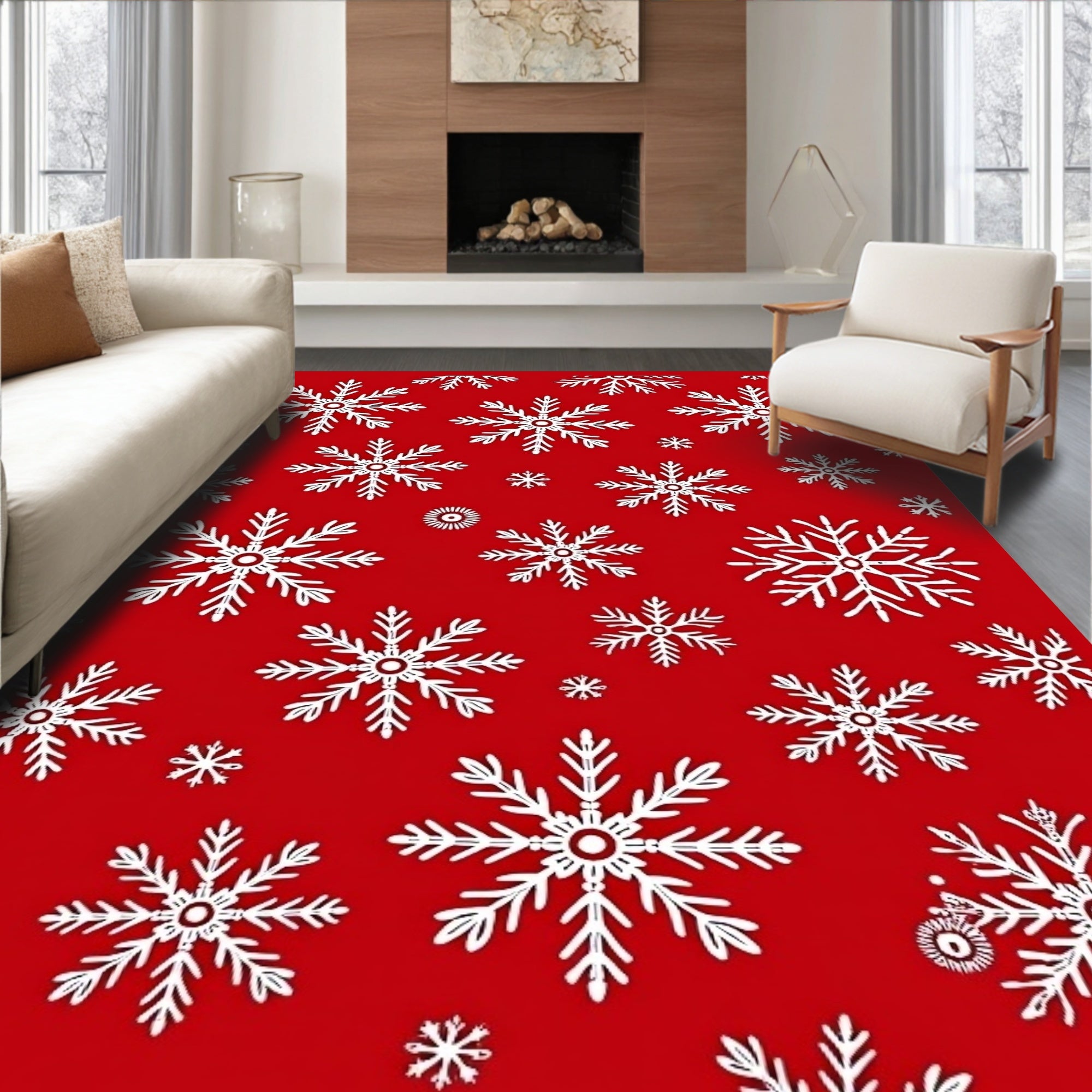 Red White Snowflake Pattern Rug