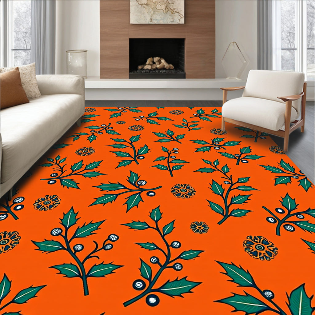 Green Holly Branches Ornate Floral Pattern Rug