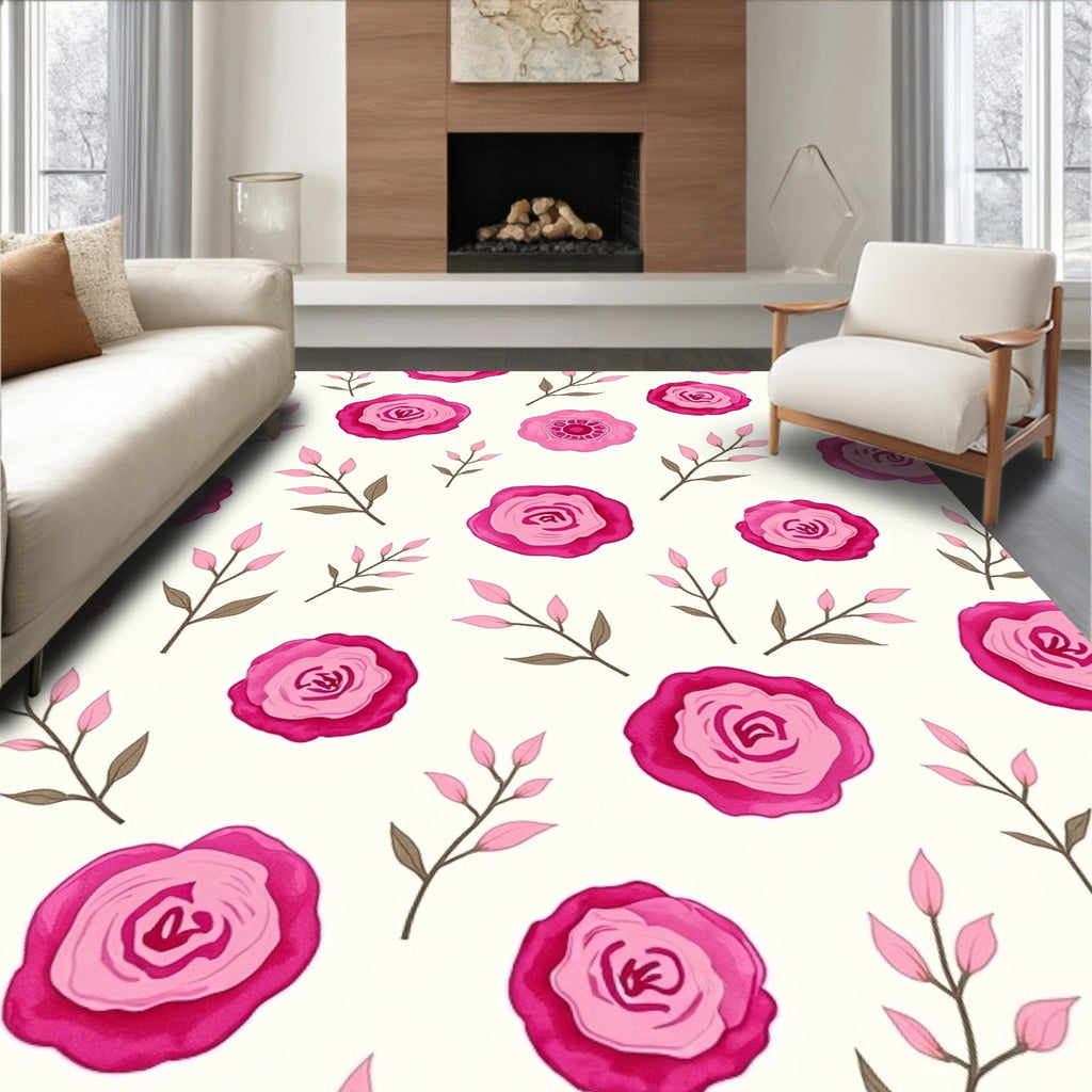 Pink Floral Branches Watercolor Pattern Rug