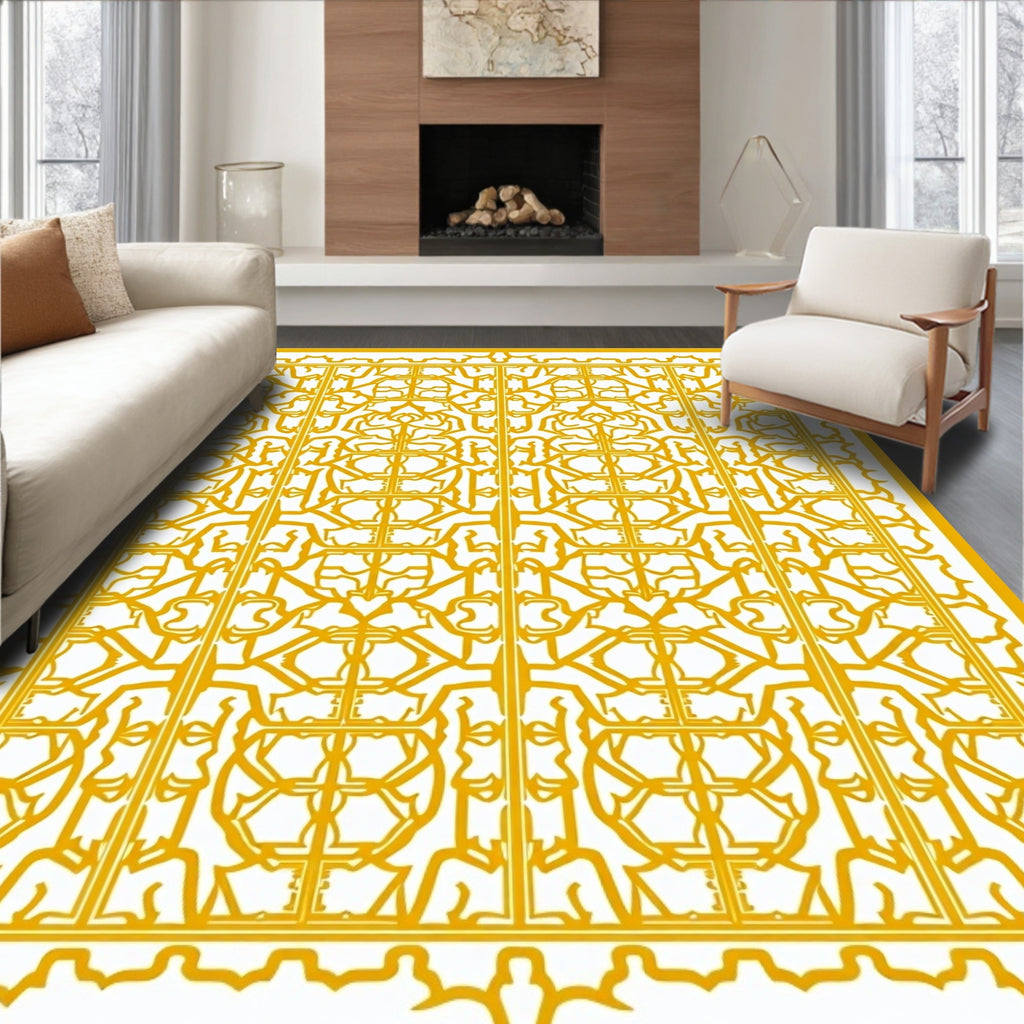 Ornate Yellow Lattice Pattern Rug