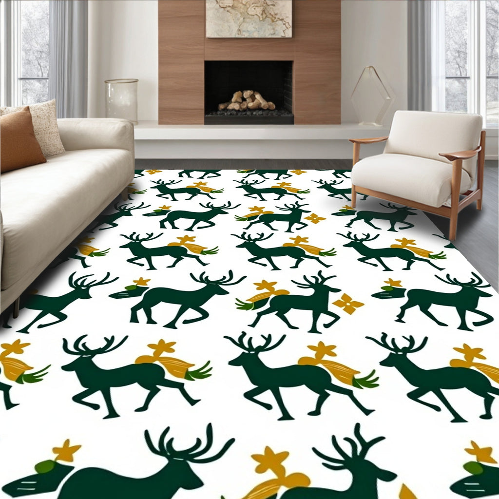 Dark Green Antlered Deer With Gold Accent Rug