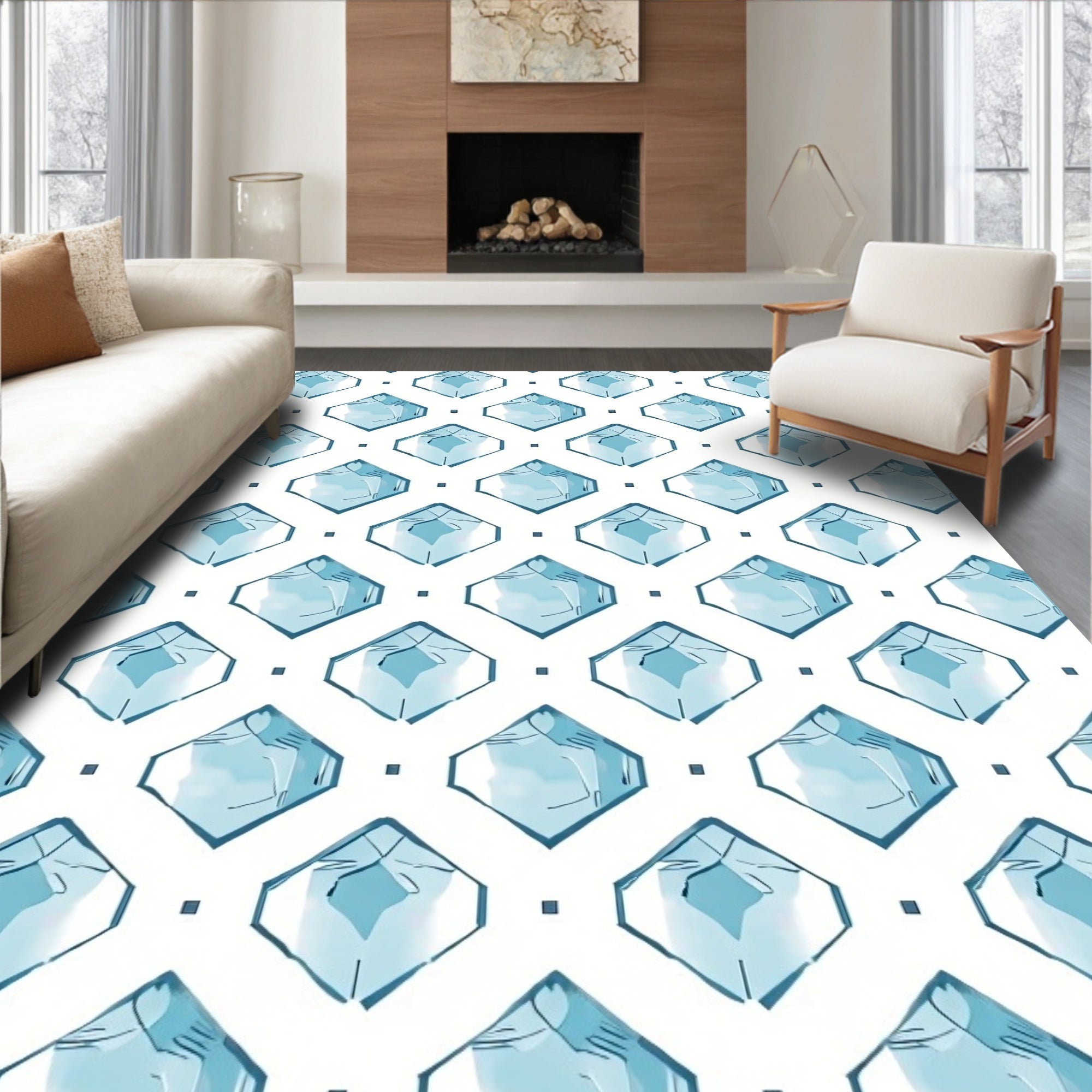 Geometric Blue Ice Crystal Pattern Rug