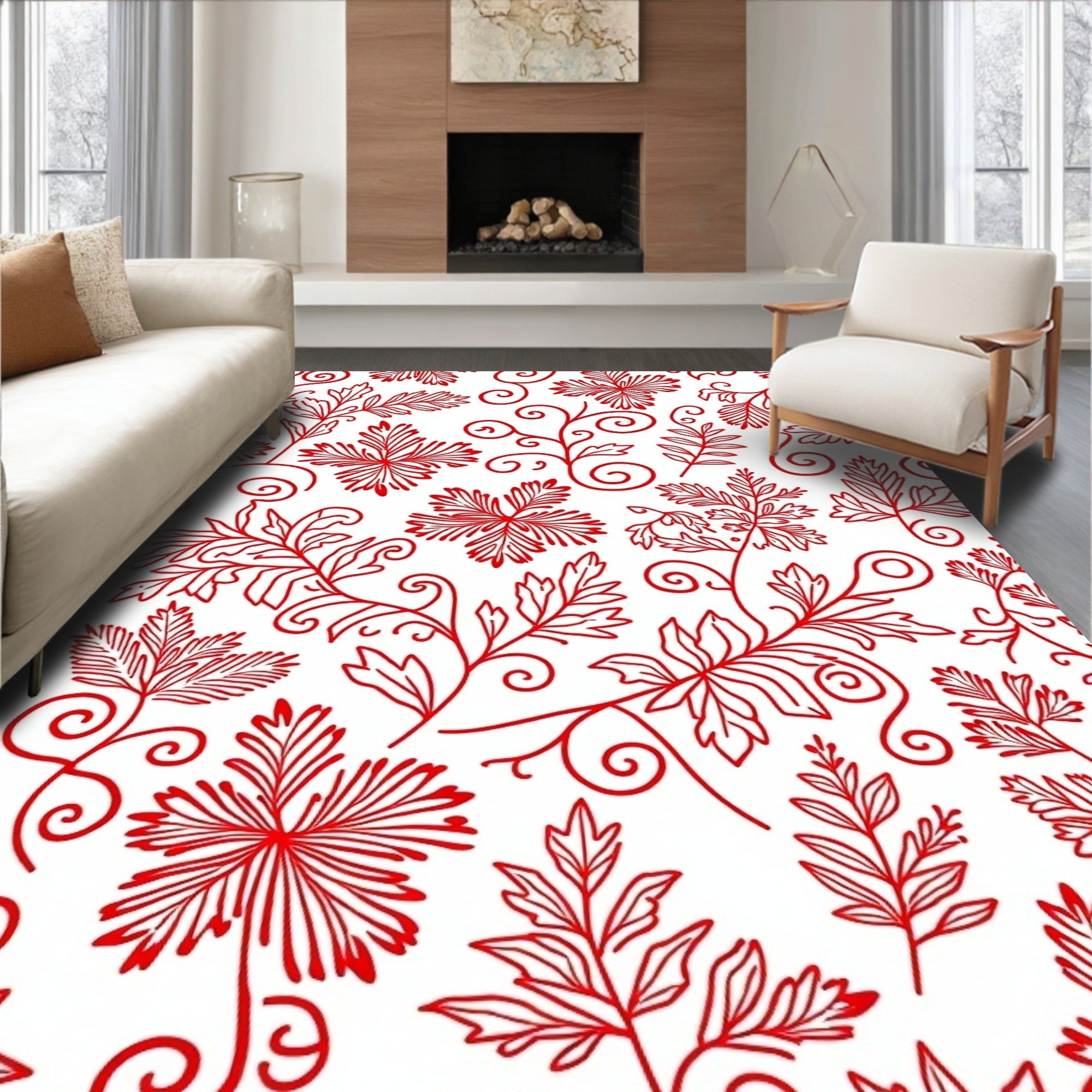 Crimson Red Floral Botanical Swirl Rug