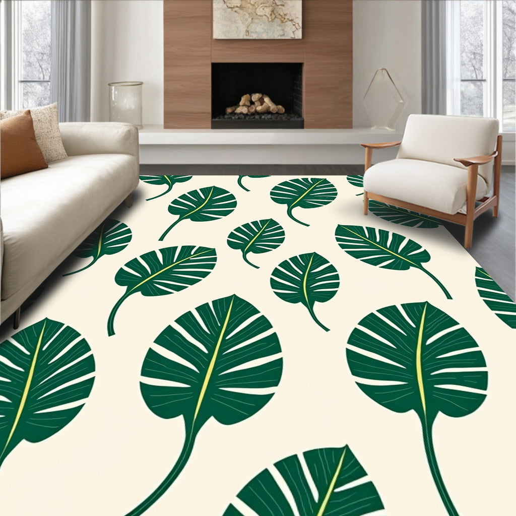 Dark Green Tropical Leaf Pattern Rug