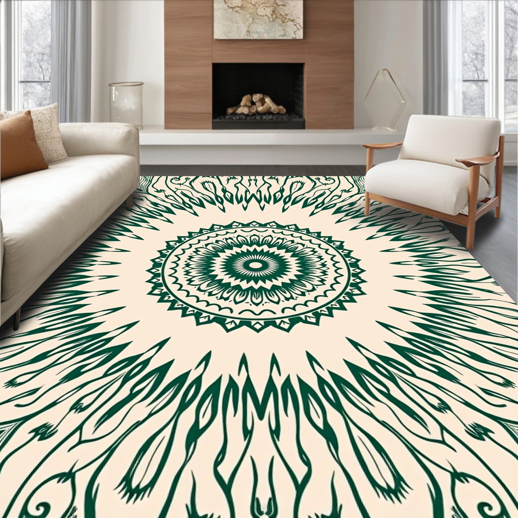Green Sunburst Mandala Pattern Rug