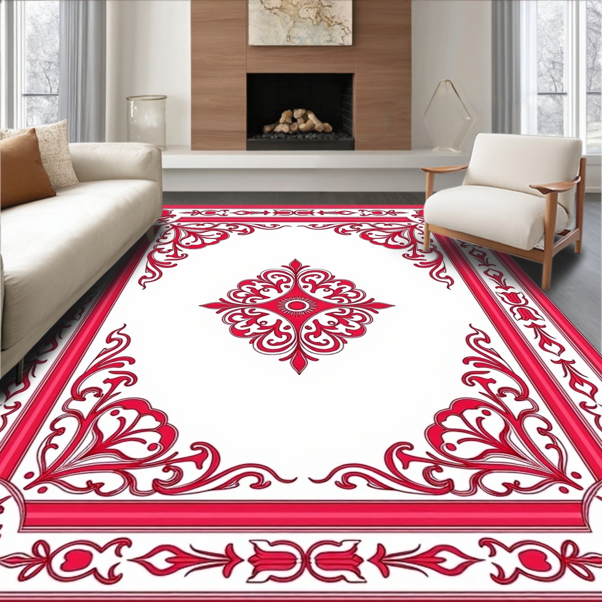 Classic Red Floral Border Pattern Rug