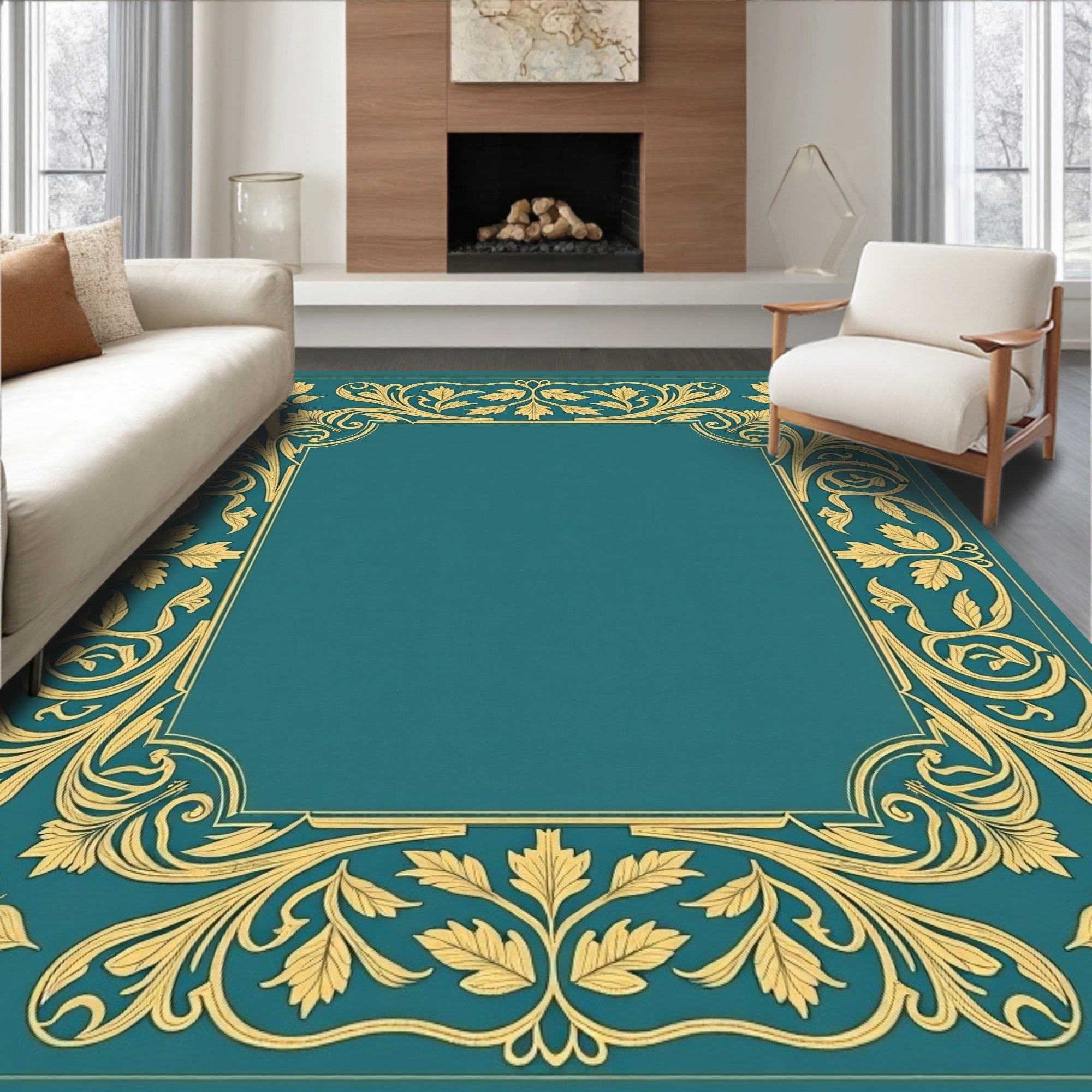 Elegant Gold Leaf Border Design Rug