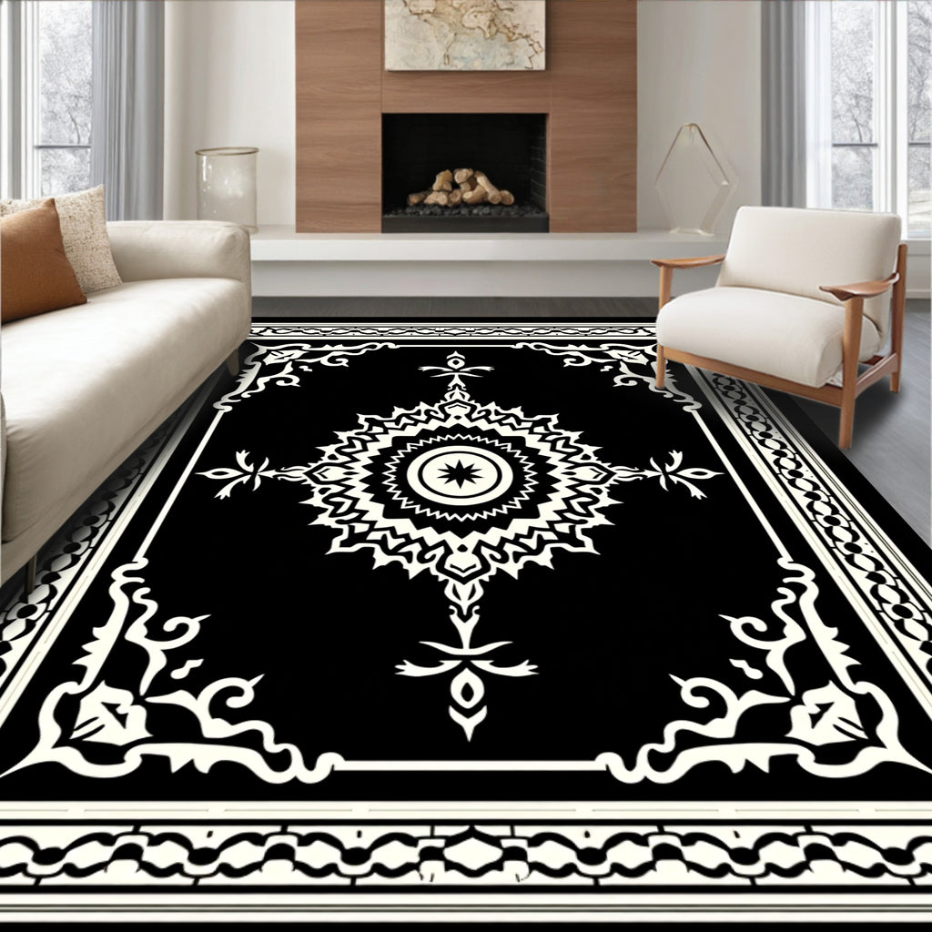Intricate Black White Starburst Mandala Frame Rug