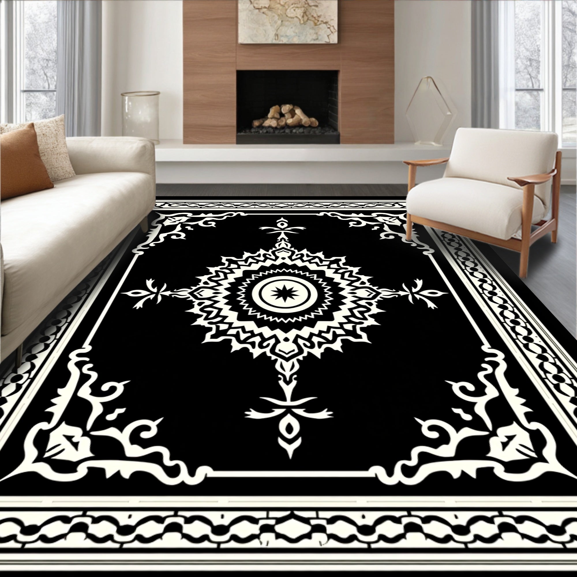 Intricate Black White Starburst Mandala Frame Rug