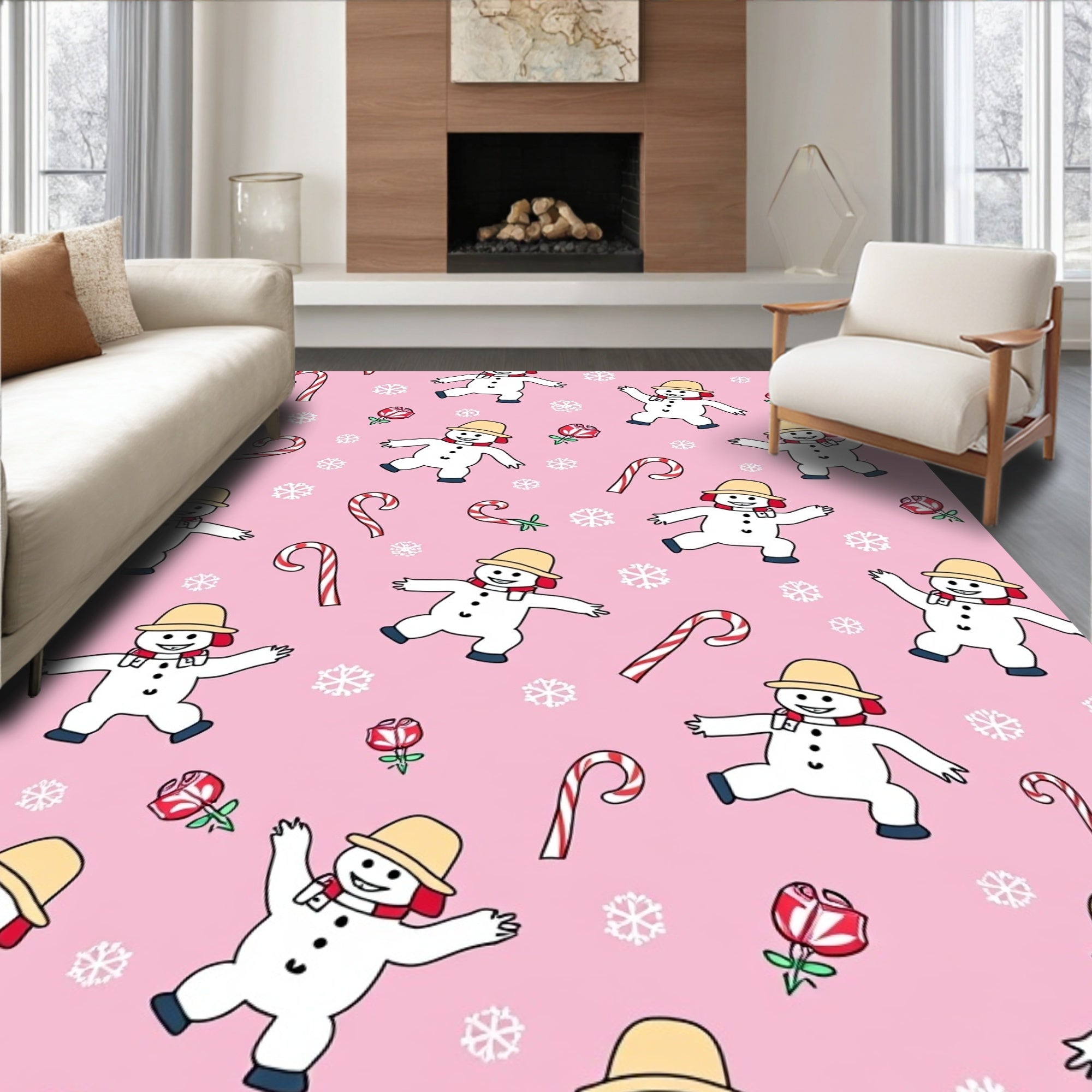 Cute Snowman Candy Cane Snowflake Pattern Rug