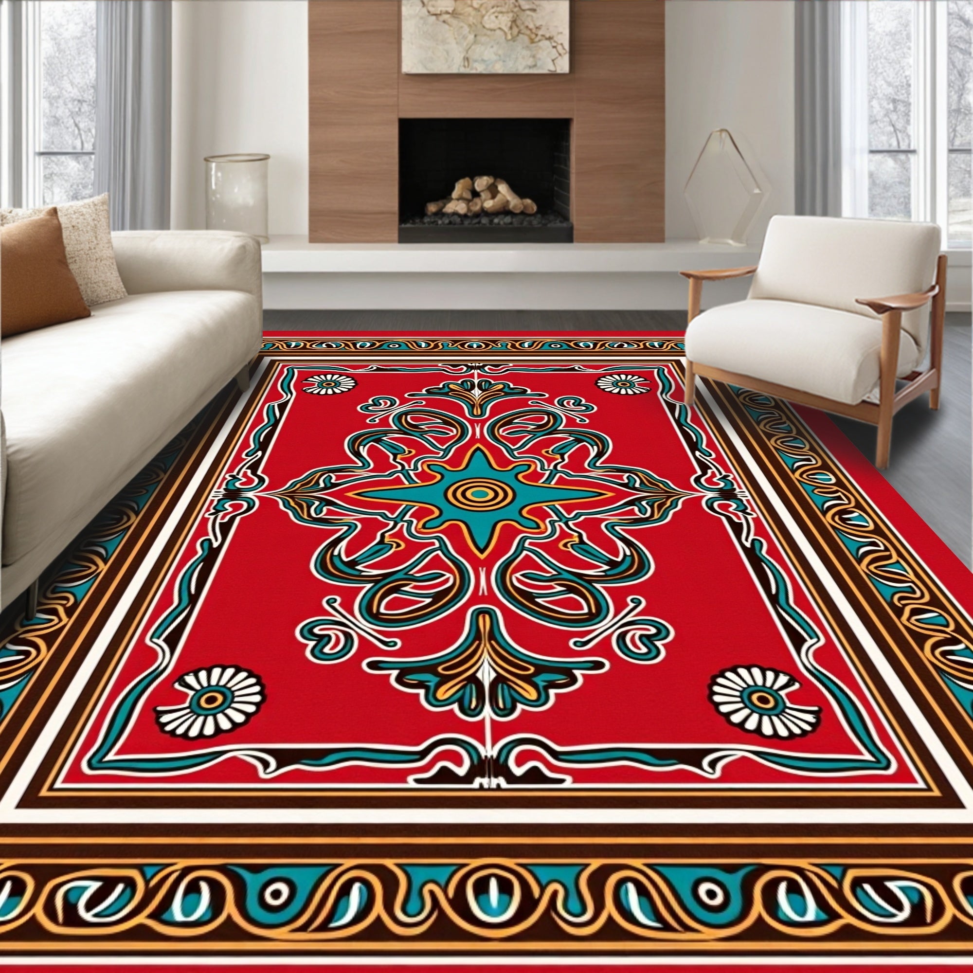 Red Floral Star Bordered Decorative Rug