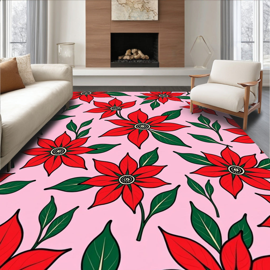 Red Floral Pattern with Green Leaves Rug