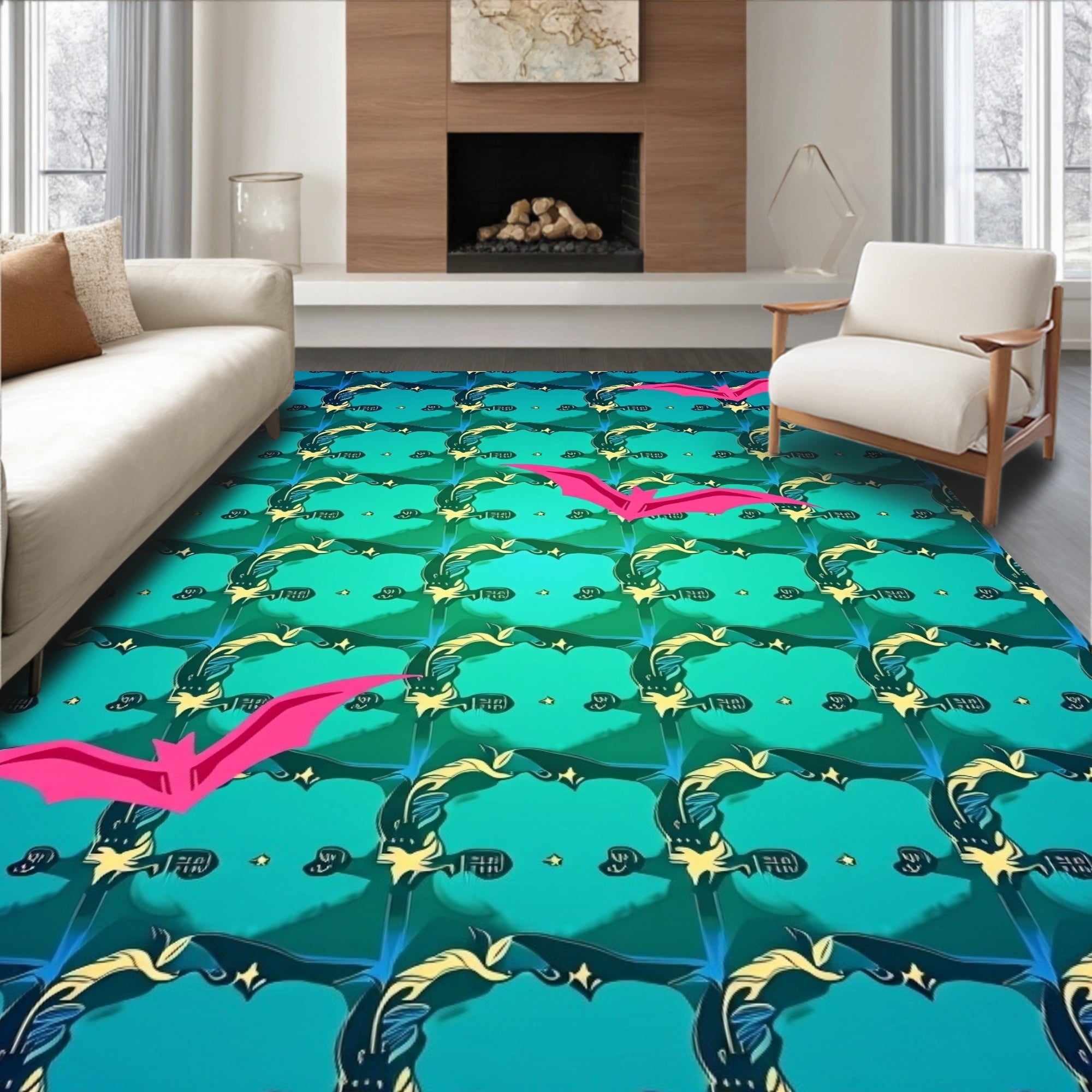 Pink Bat With Teal Geometric Pattern Rug