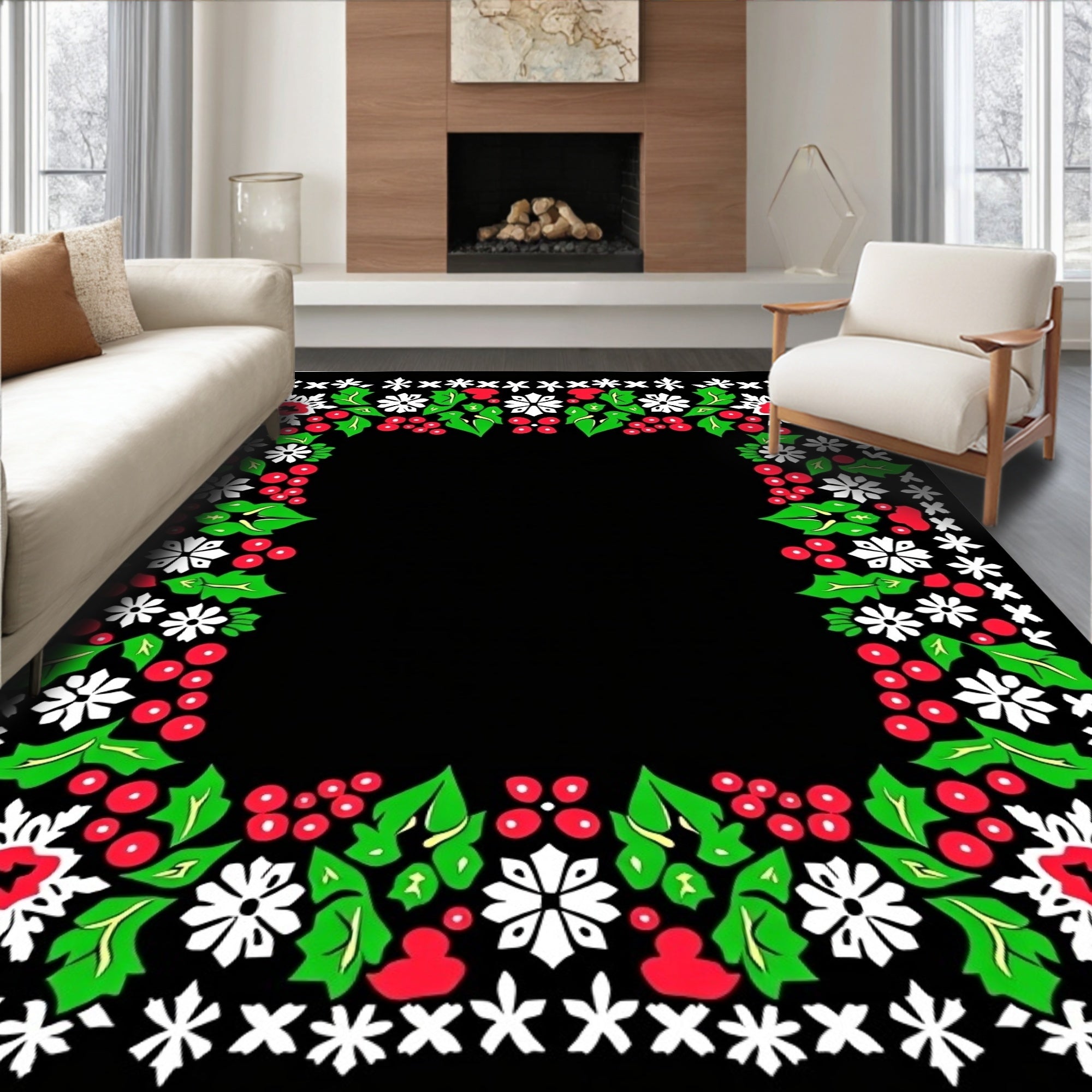 Red Green White Floral Holly Border Rug