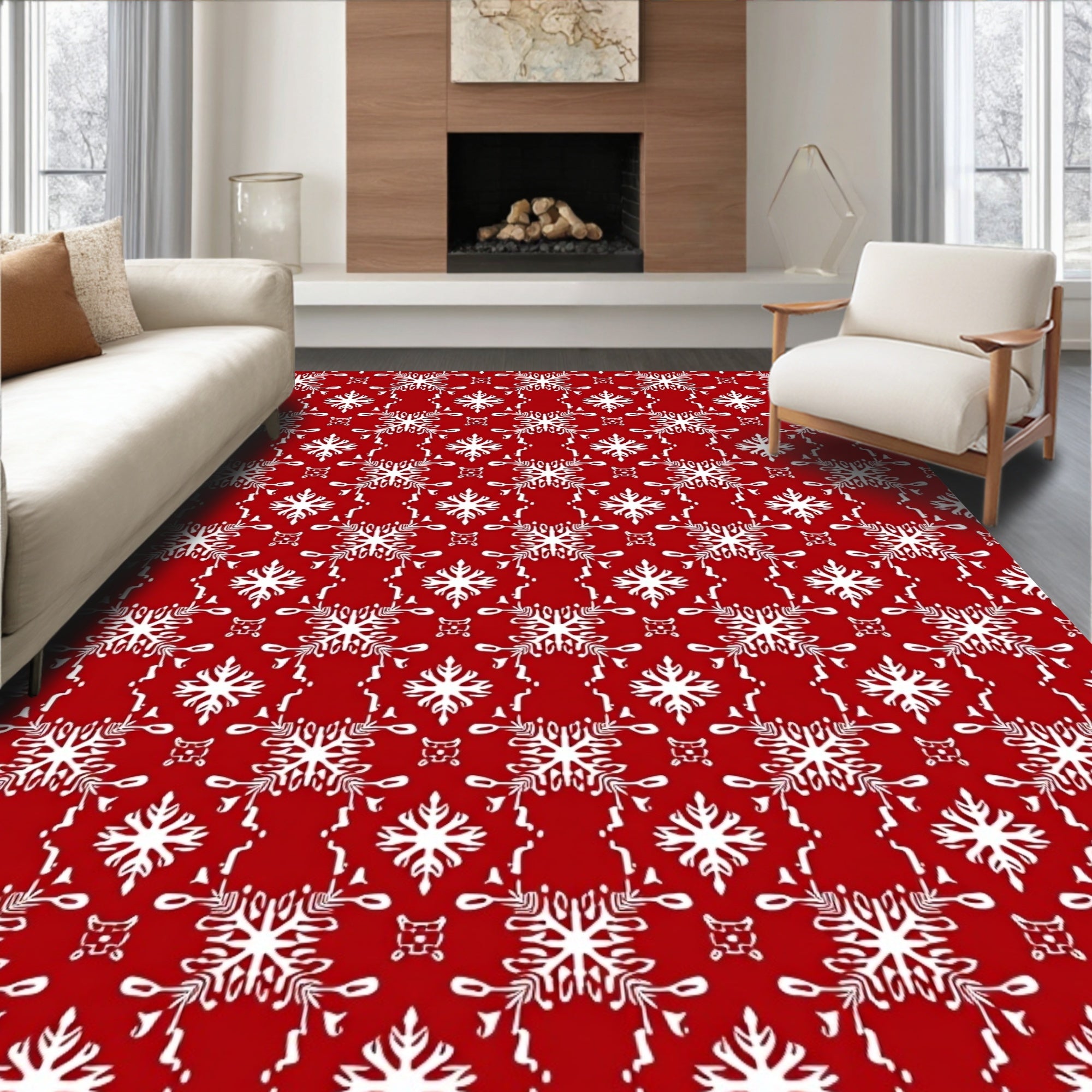 White Snowflake Damask Red Rug