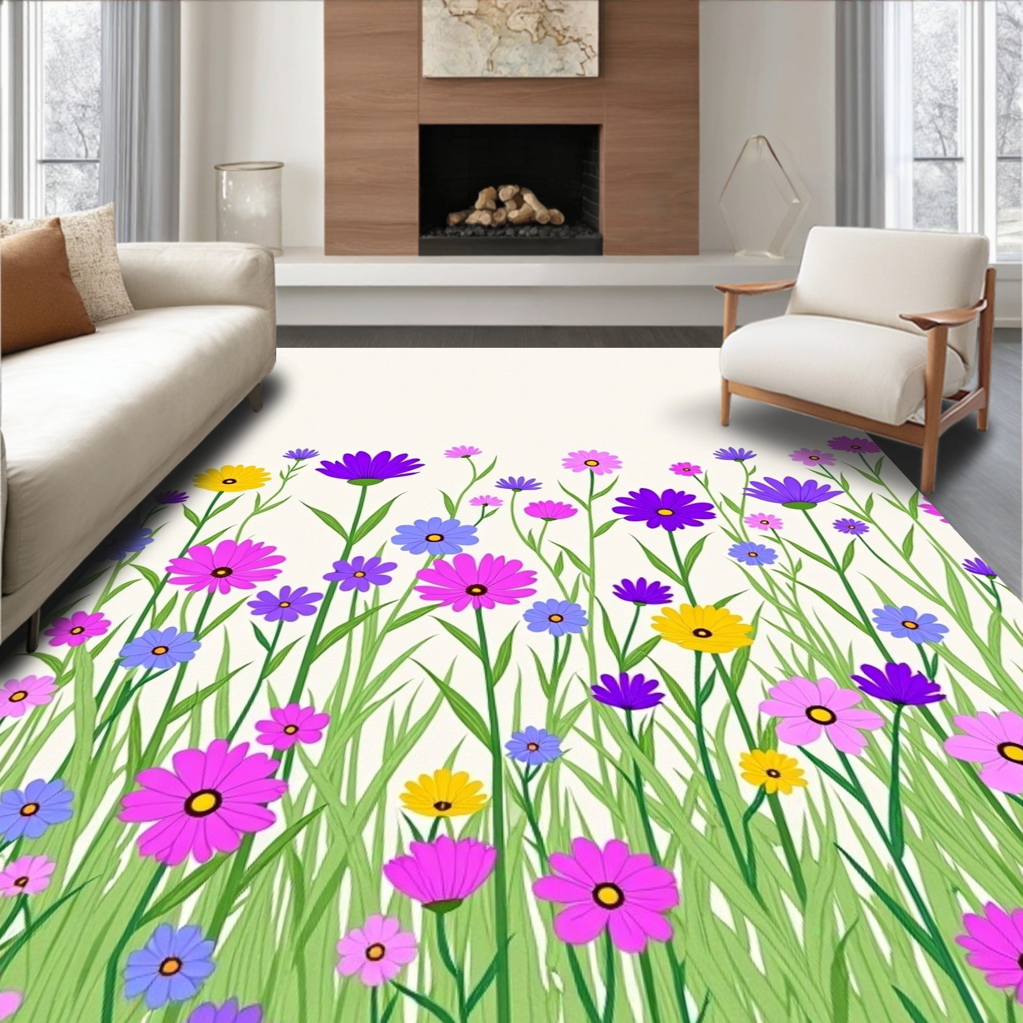 Colorful Wildflowers Green Grass Pattern Rug